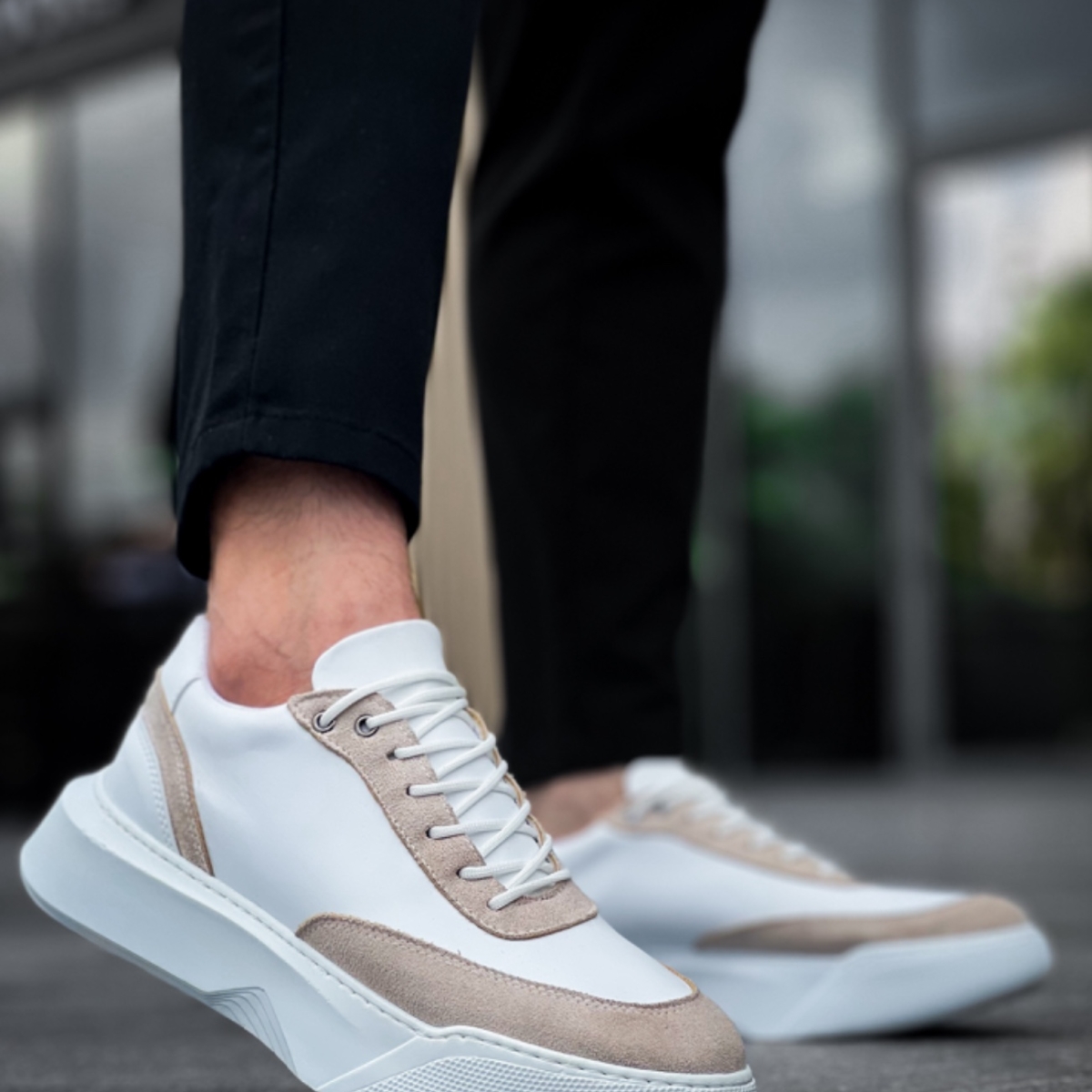 Bağcıklı Erkek Spor Ayakkabı BEYAZ KREM (BEYAZ TABAN) - Görsel 8