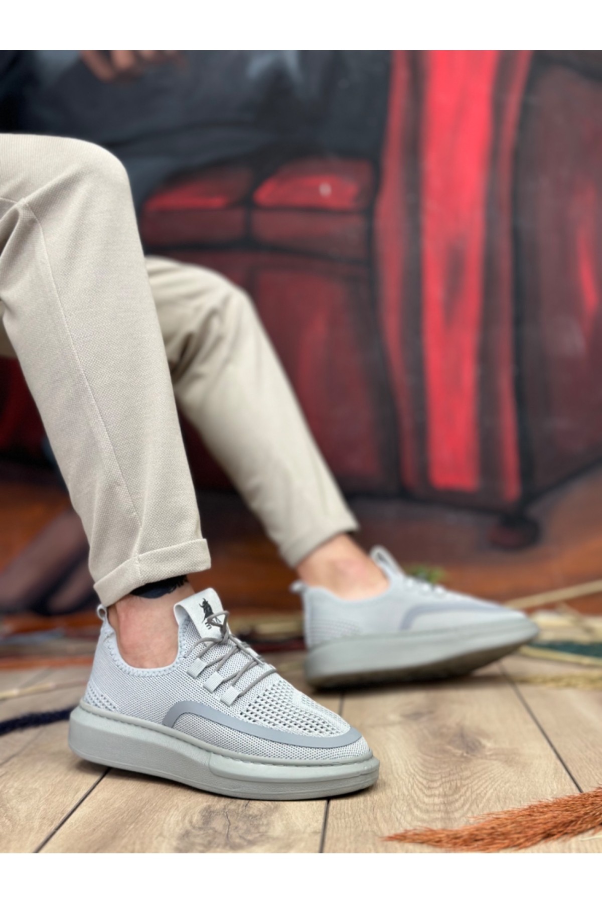 Bağcık Detaylı Triko Erkek Spor Ayakkabı GRİ (BEYAZ TABAN) - Görsel 3