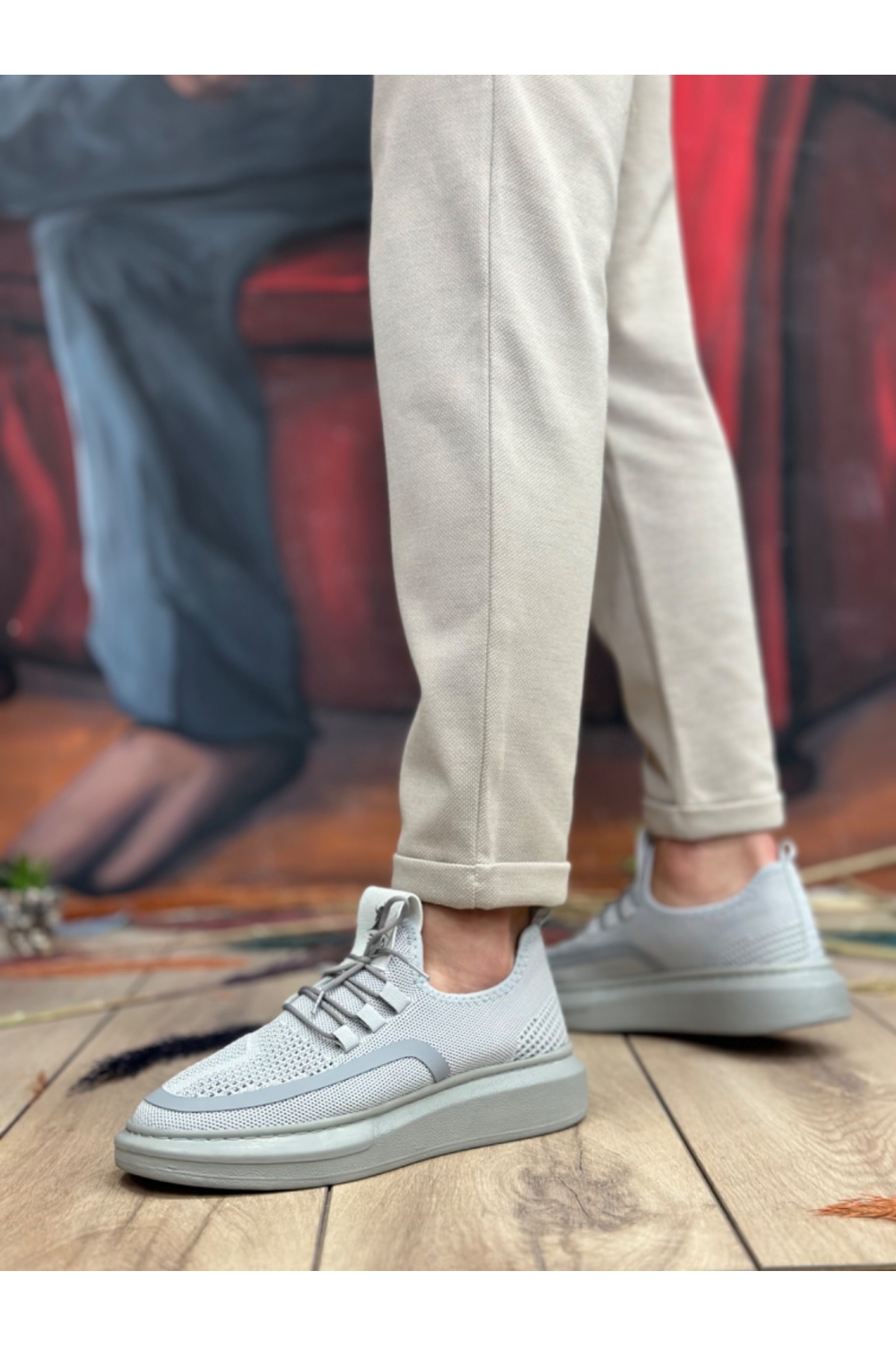 Bağcık Detaylı Triko Erkek Spor Ayakkabı GRİ (BEYAZ TABAN) - Görsel 4
