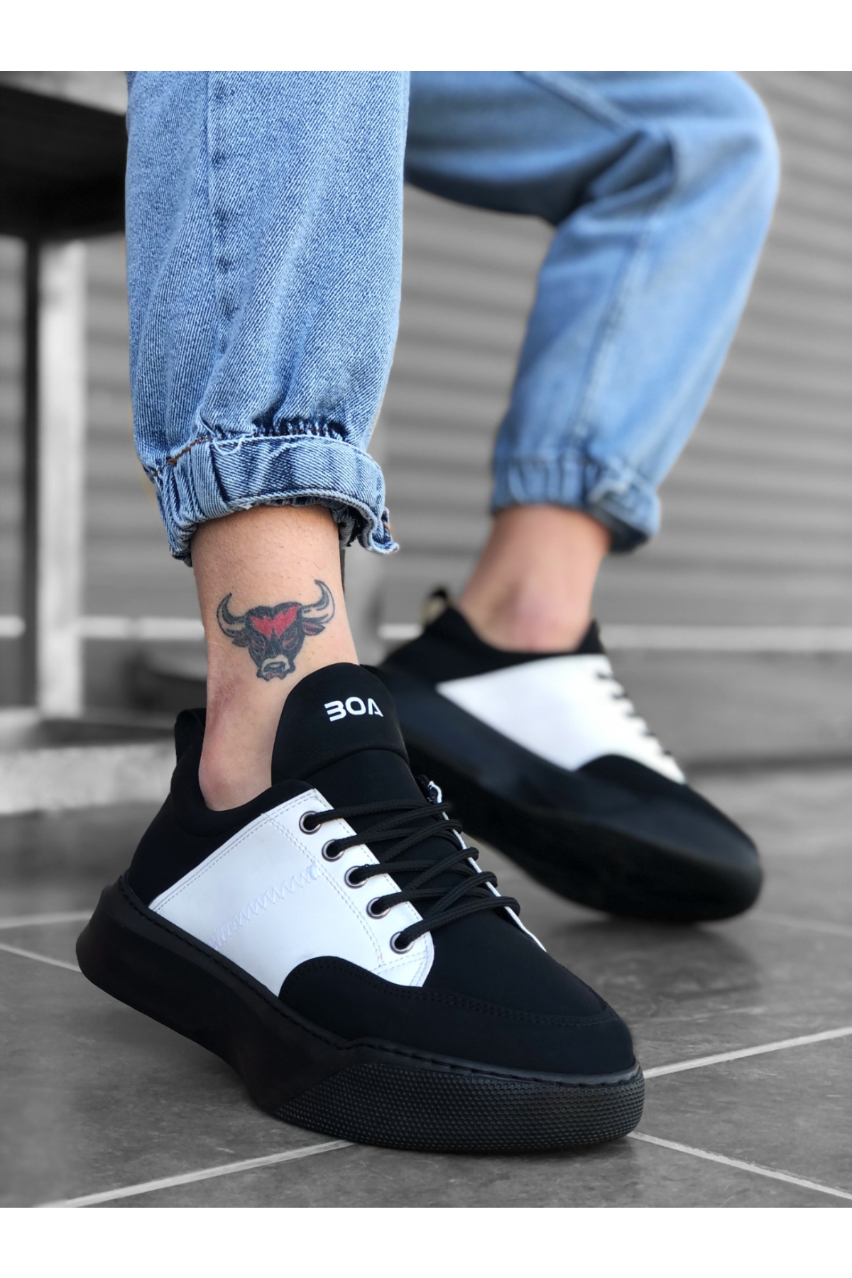 Bağcıklı Erkek Spor Ayakkabı SİYAH BEYAZ (SİYAH TABAN) - Görsel 2