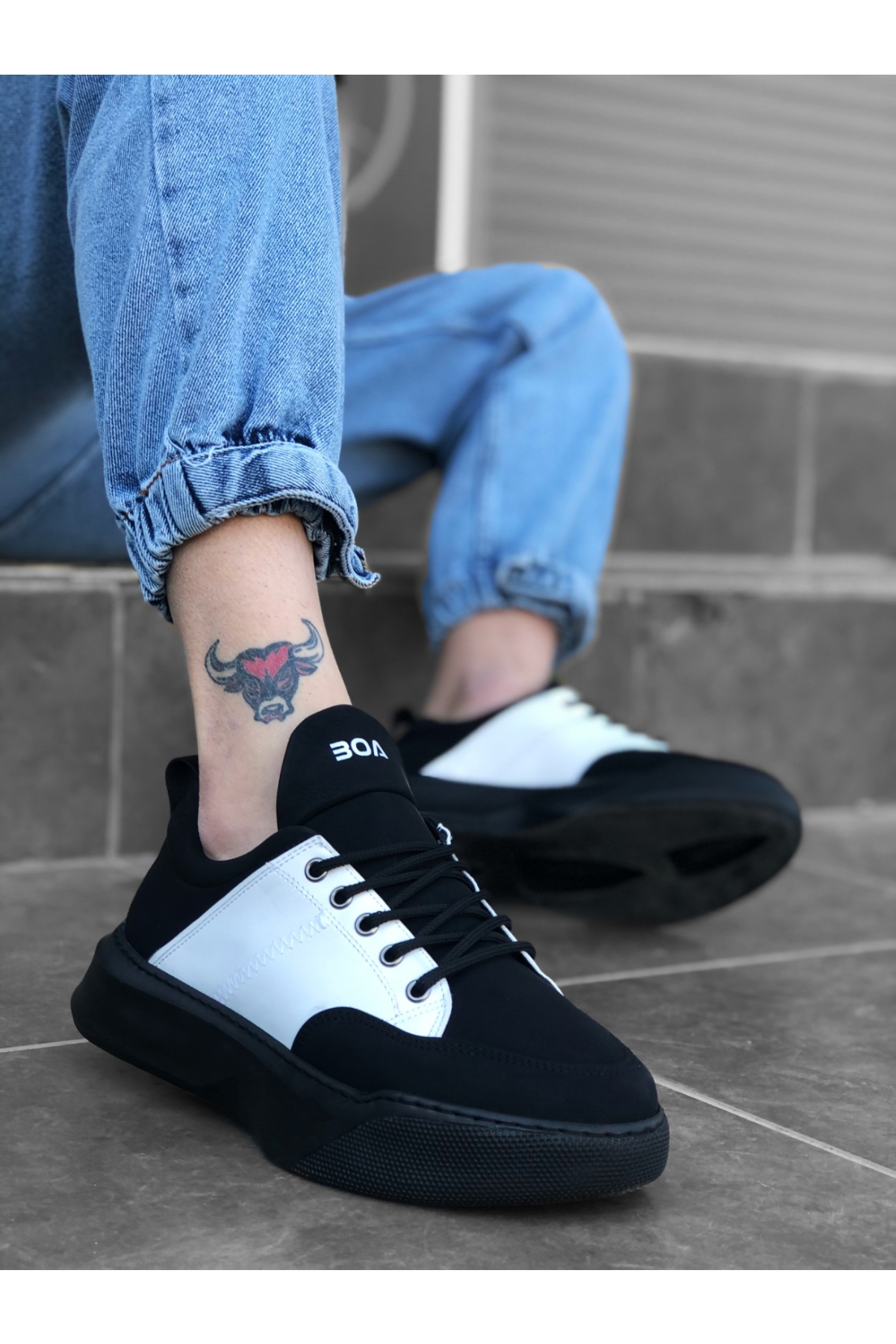 Bağcıklı Erkek Spor Ayakkabı SİYAH BEYAZ (SİYAH TABAN) - Görsel 3