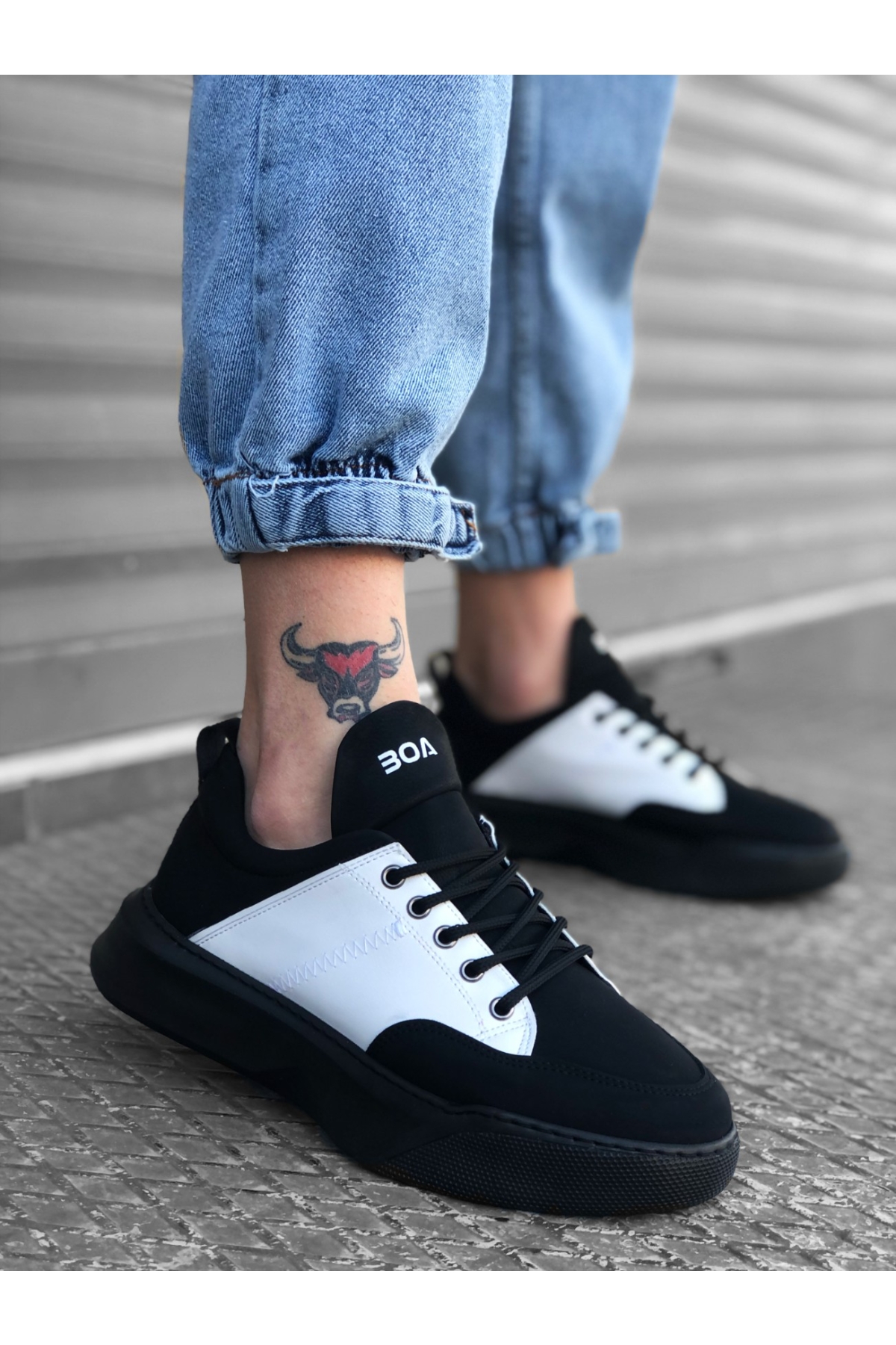 Bağcıklı Erkek Spor Ayakkabı SİYAH BEYAZ (SİYAH TABAN) - Görsel 4