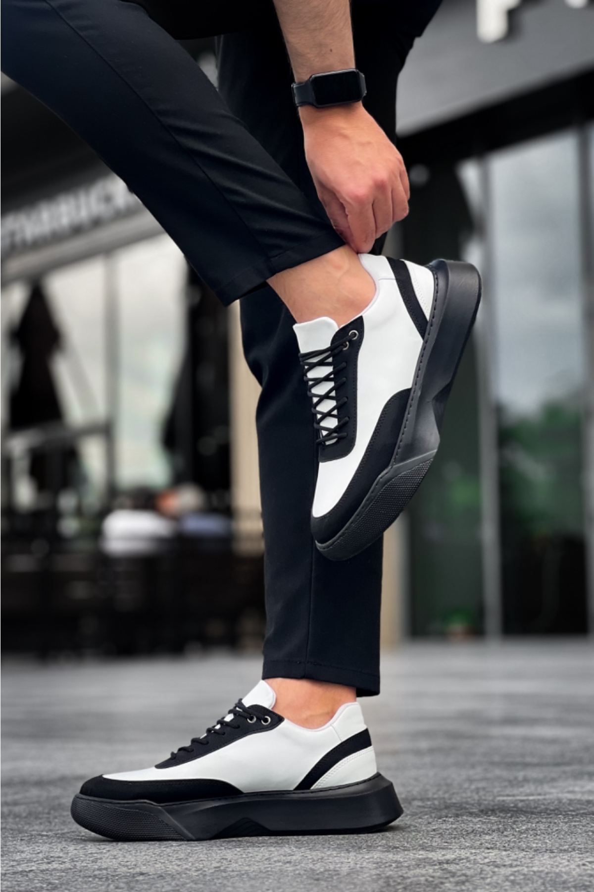 Bağcıklı Erkek Spor Ayakkabı BEYAZ SİYAH (SİYAH TABAN) - Görsel 3
