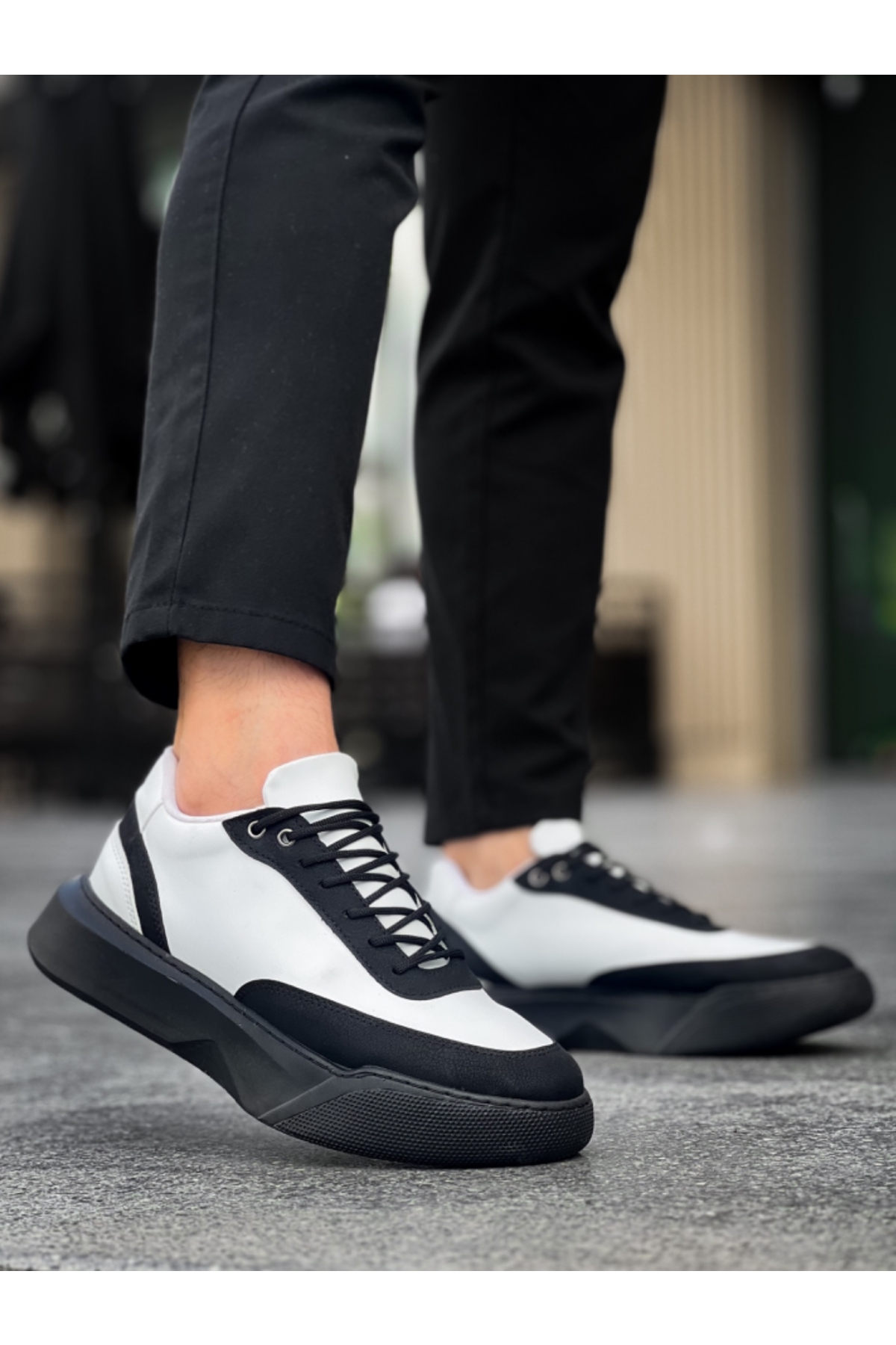 Bağcıklı Erkek Spor Ayakkabı BEYAZ SİYAH (SİYAH TABAN) - Görsel 5