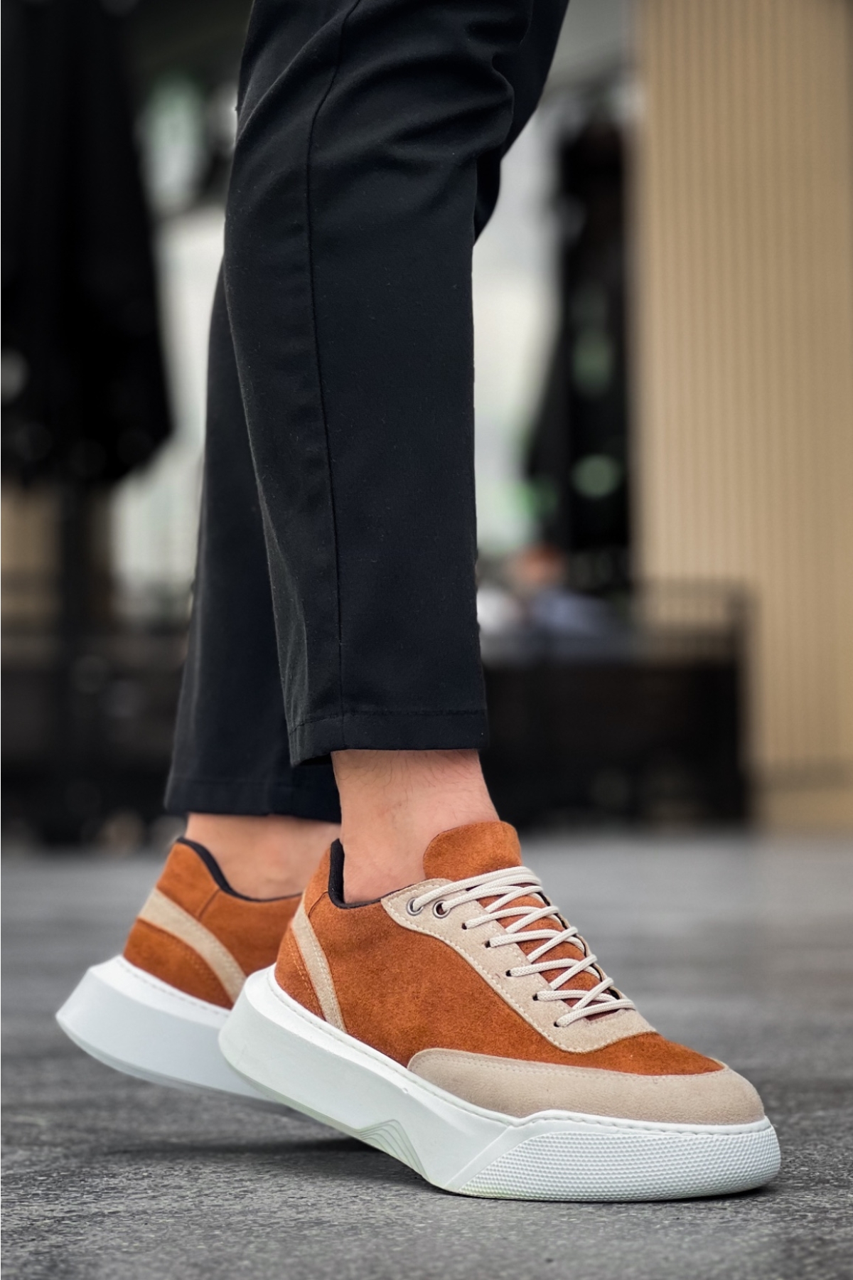 Bağcıklı Erkek Spor Ayakkabı TABA SÜET KREM (BEYAZ TABAN) - Görsel 2