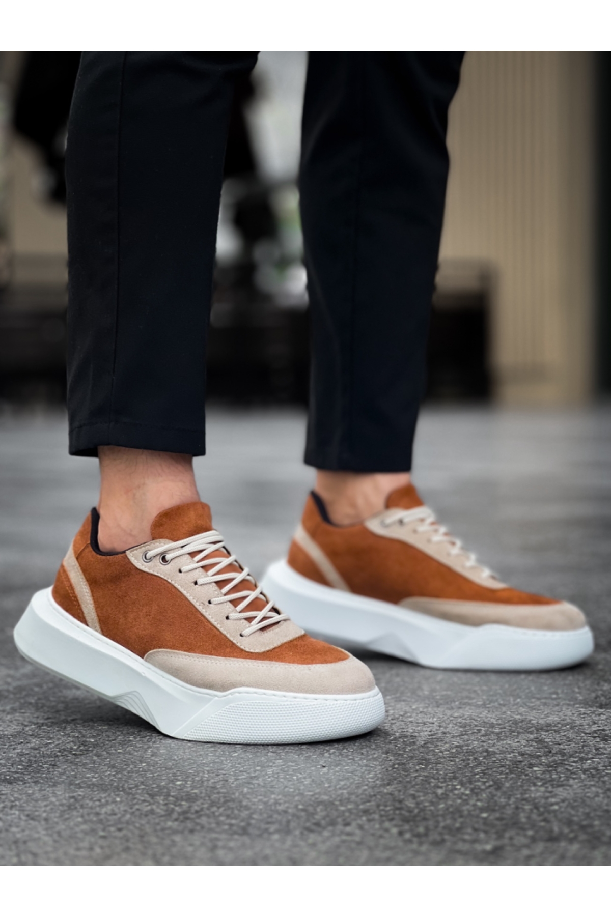 Bağcıklı Erkek Spor Ayakkabı TABA SÜET KREM (BEYAZ TABAN) - Görsel 5