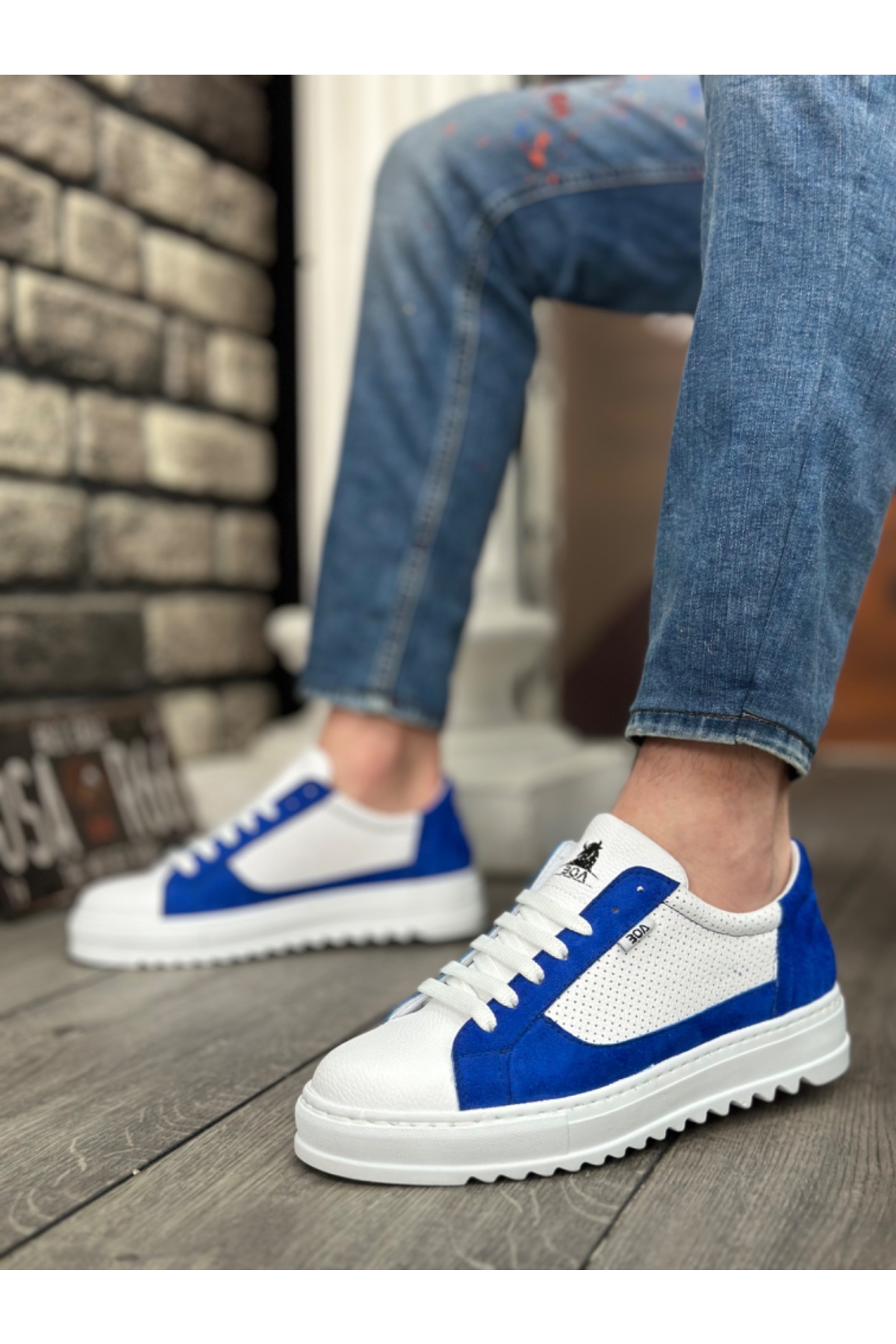 Bağcıklı Erkek Spor Ayakkabı BEYAZ MAVİ (BEYAZ TABAN) - Görsel 3