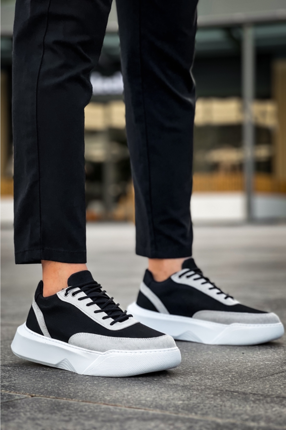 Bağcıklı Erkek Spor Ayakkabı SİYAH GRİ (BEYAZ TABAN) - Görsel 2