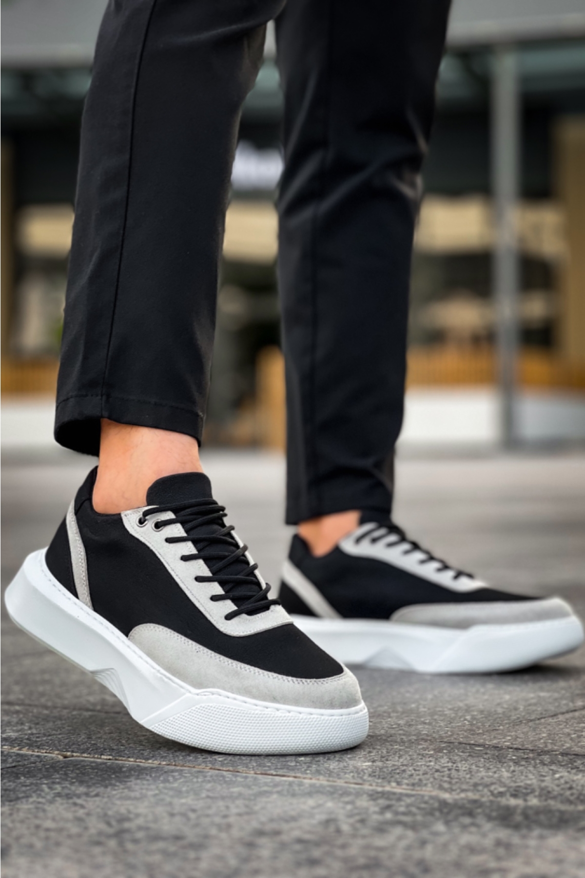 Bağcıklı Erkek Spor Ayakkabı SİYAH GRİ (BEYAZ TABAN) - Görsel 3
