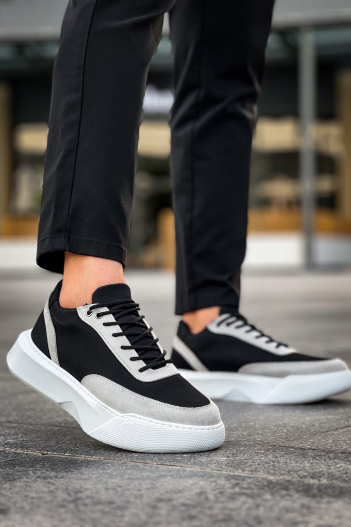 Bağcıklı Erkek Spor Ayakkabı SİYAH GRİ (BEYAZ TABAN) - Görsel 4