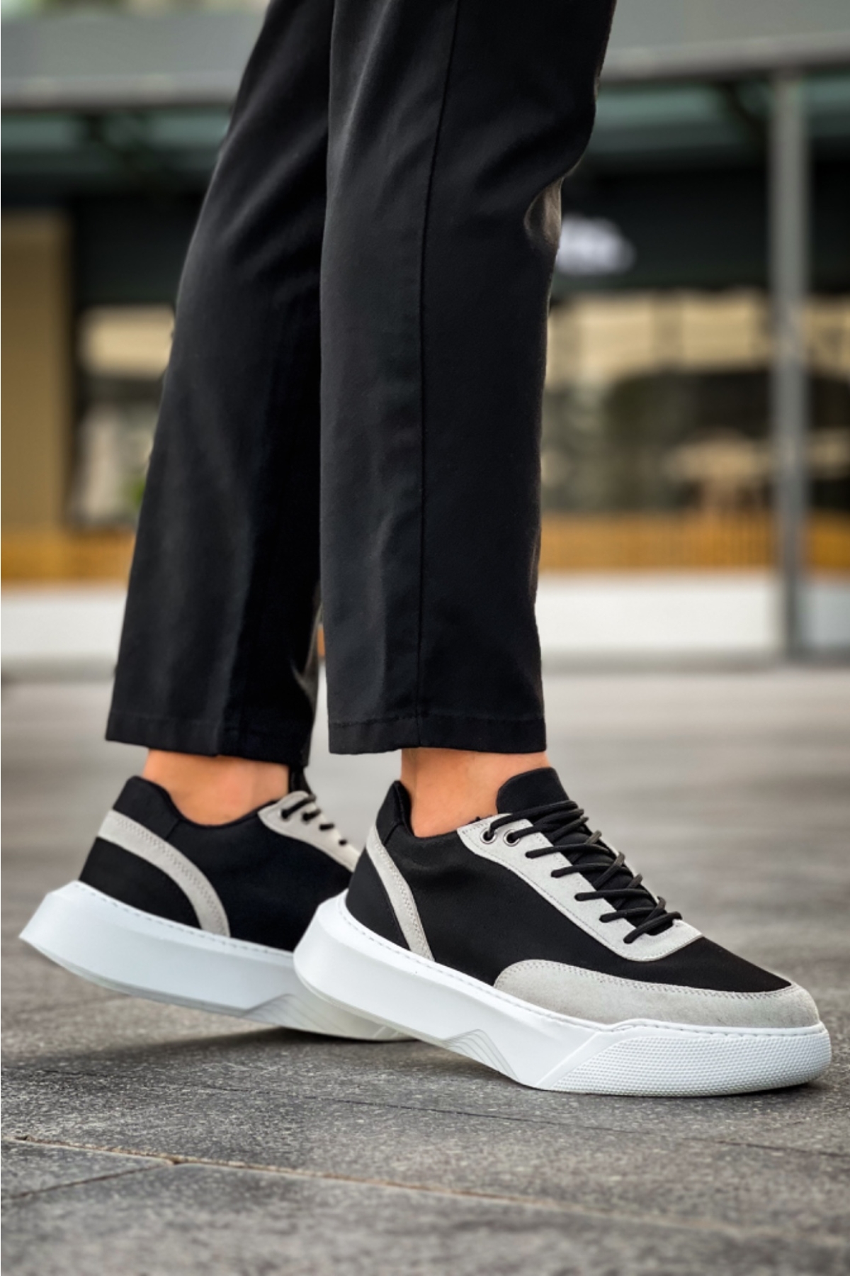 Bağcıklı Erkek Spor Ayakkabı SİYAH GRİ (BEYAZ TABAN) - Görsel 5