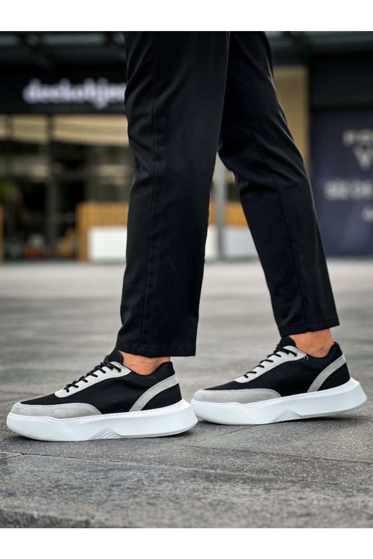 Bağcıklı Erkek Spor Ayakkabı SİYAH GRİ (BEYAZ TABAN) - Görsel 6
