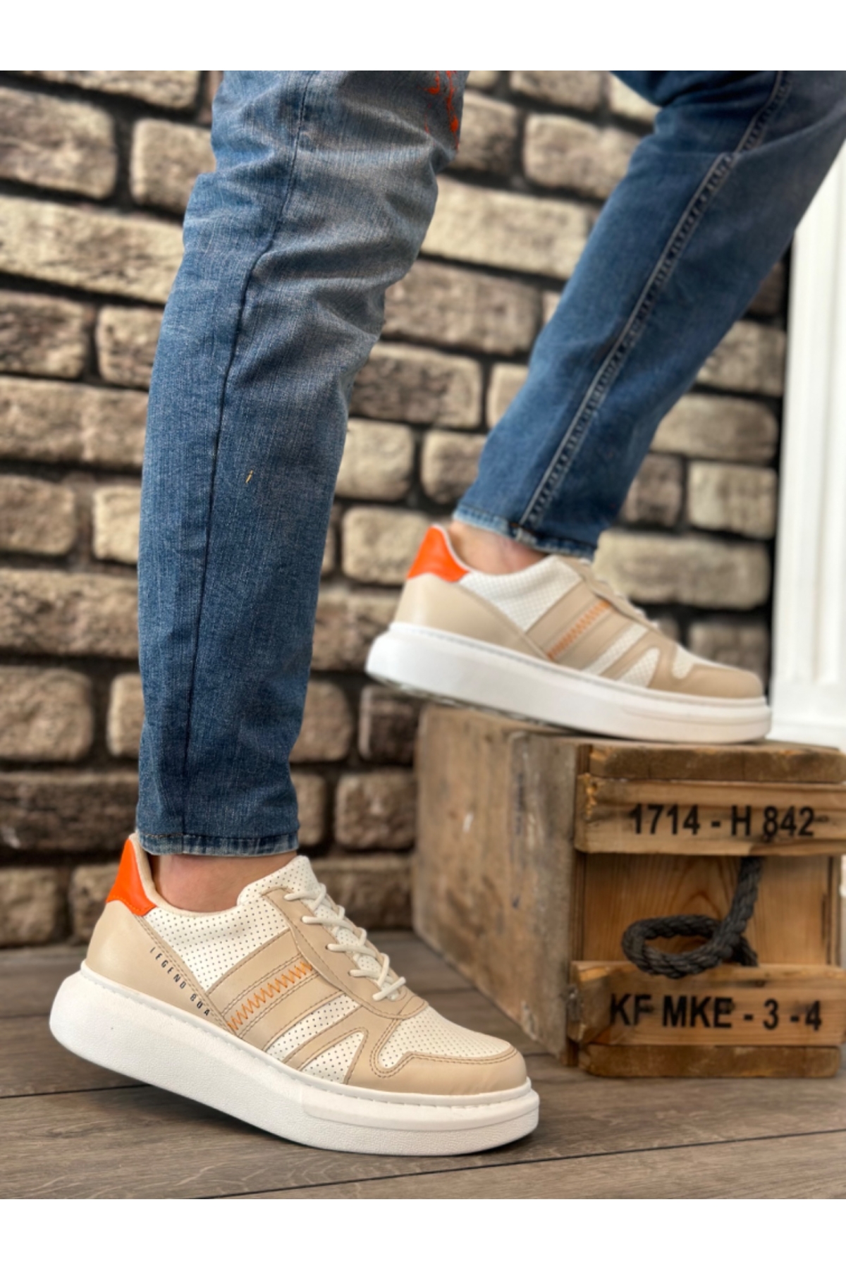 Bağcıklı Yanı Desenli Erkek Spor Ayakkabı KREM BEYAZ (BEYAZ TABAN) - Görsel 2