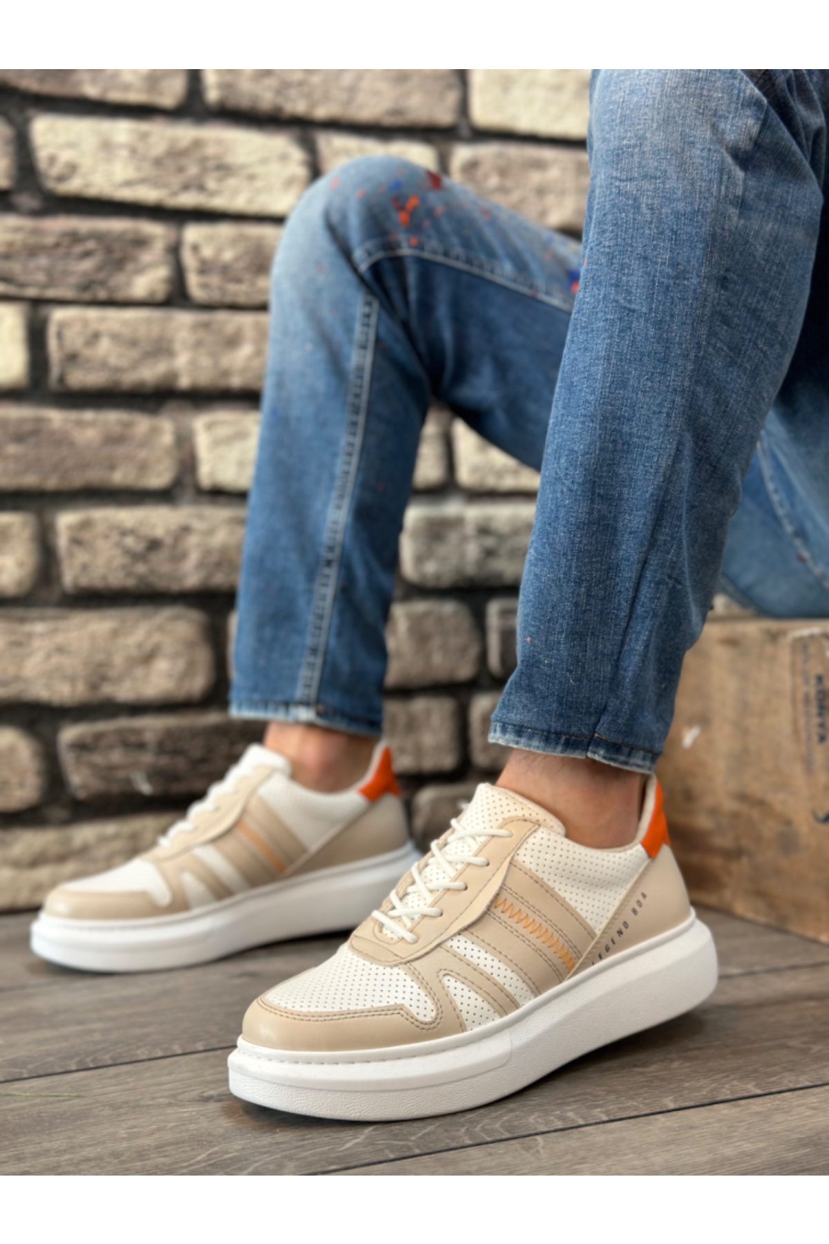 Bağcıklı Yanı Desenli Erkek Spor Ayakkabı KREM BEYAZ (BEYAZ TABAN) - Görsel 3