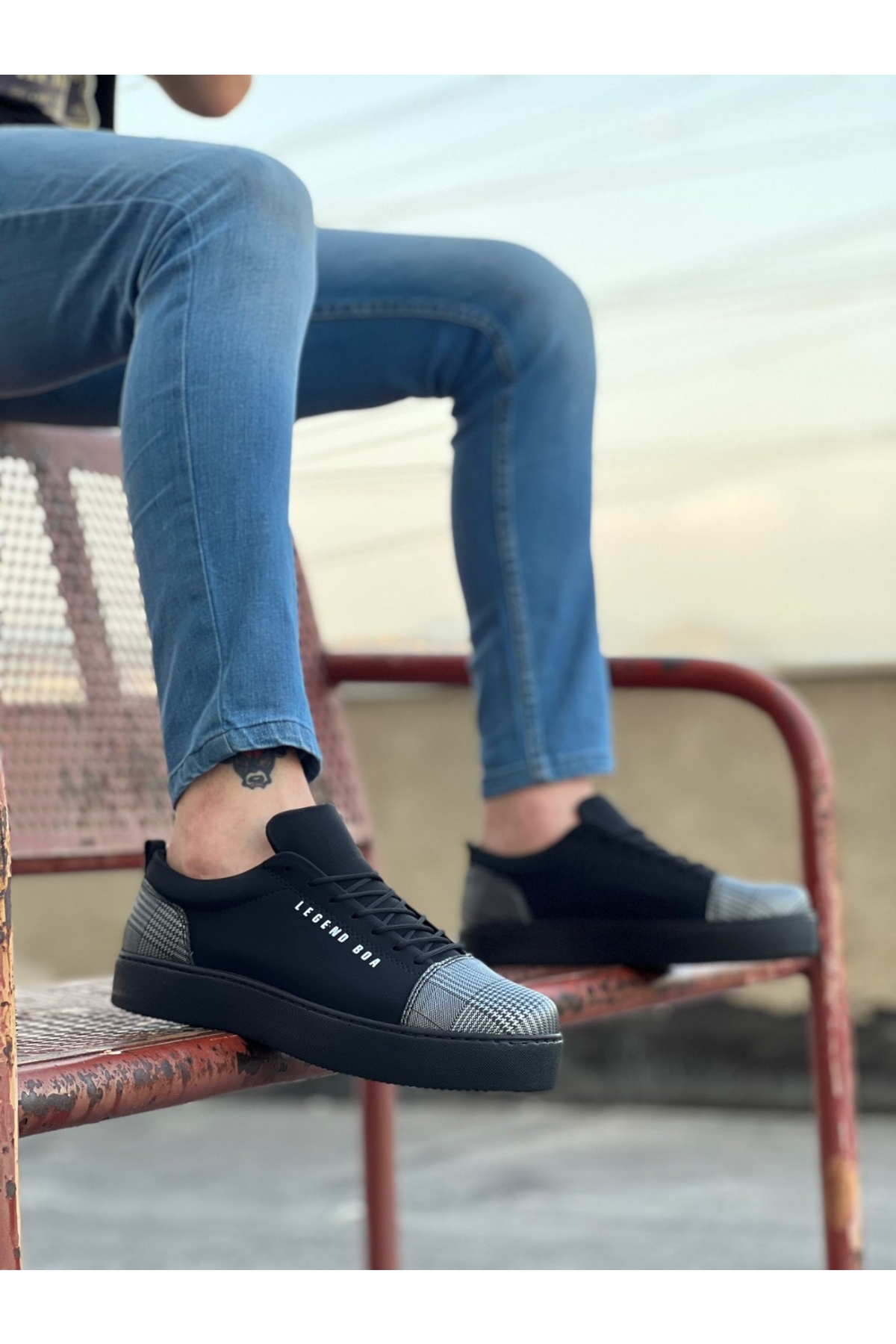 Bağcıklı Ekose Detaylı Erkek Spor Ayakkabı SİYAH SÜET (SİYAH TABAN) - Görsel 2