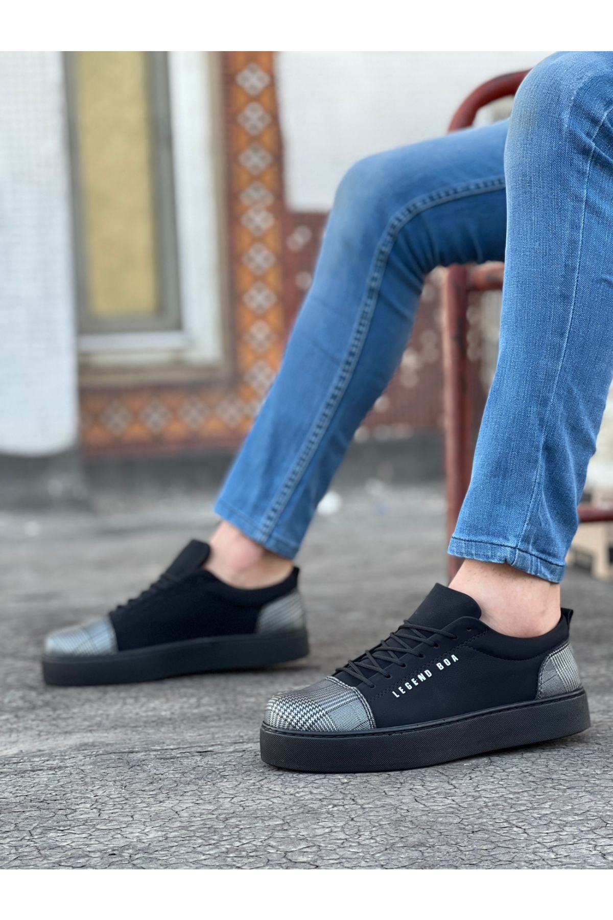Bağcıklı Ekose Detaylı Erkek Spor Ayakkabı SİYAH SÜET (SİYAH TABAN) - Görsel 3