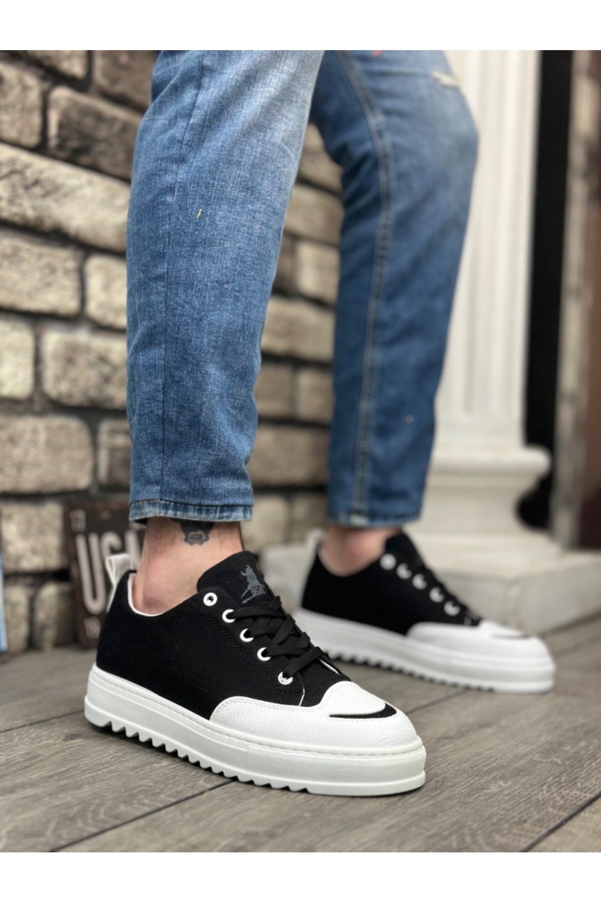 Bağcıklı Erkek Spor Ayakkabı SİYAH BEYAZ (BEYAZ TABAN) - Görsel 2