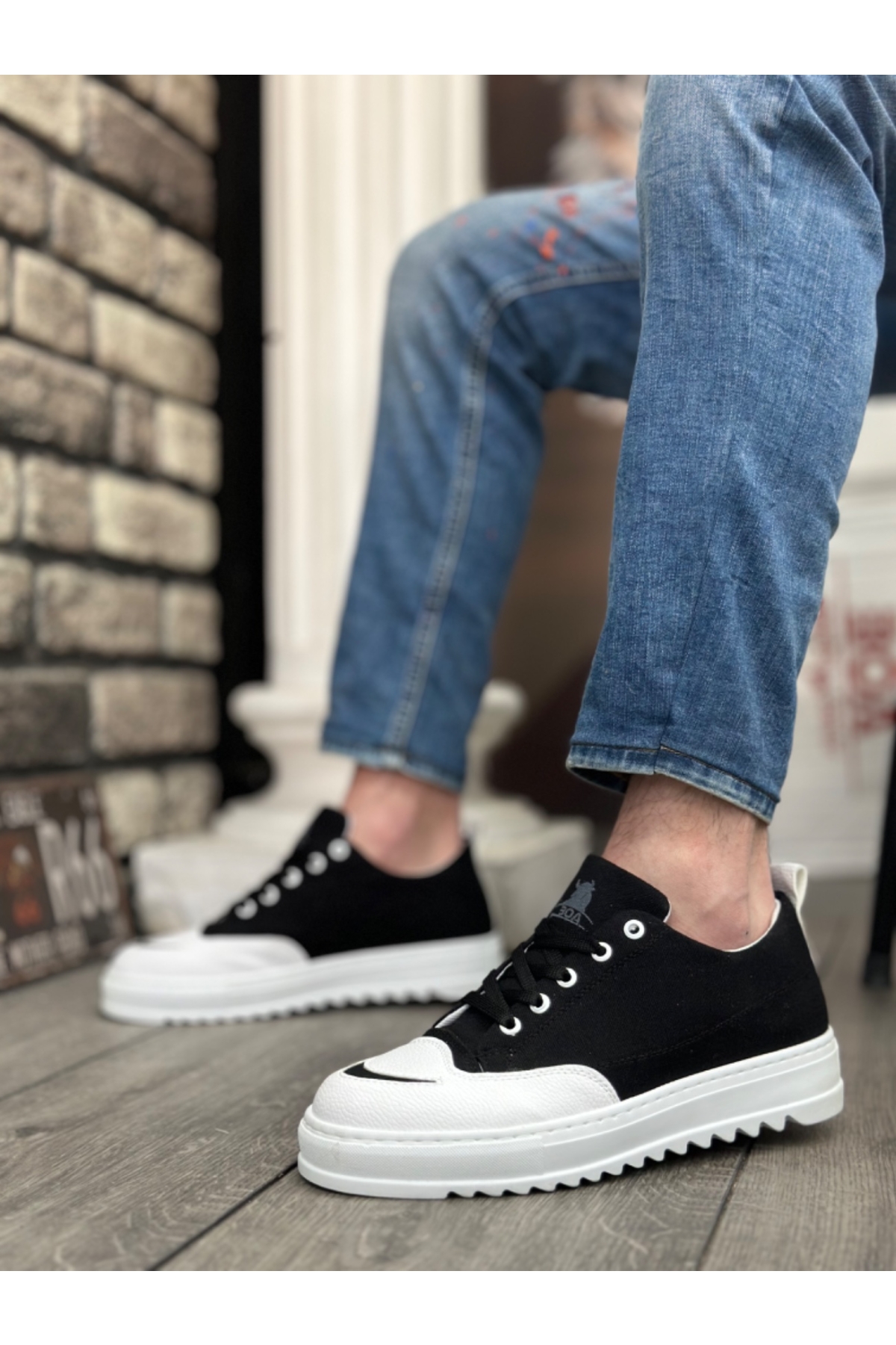 Bağcıklı Erkek Spor Ayakkabı SİYAH BEYAZ (BEYAZ TABAN) - Görsel 3