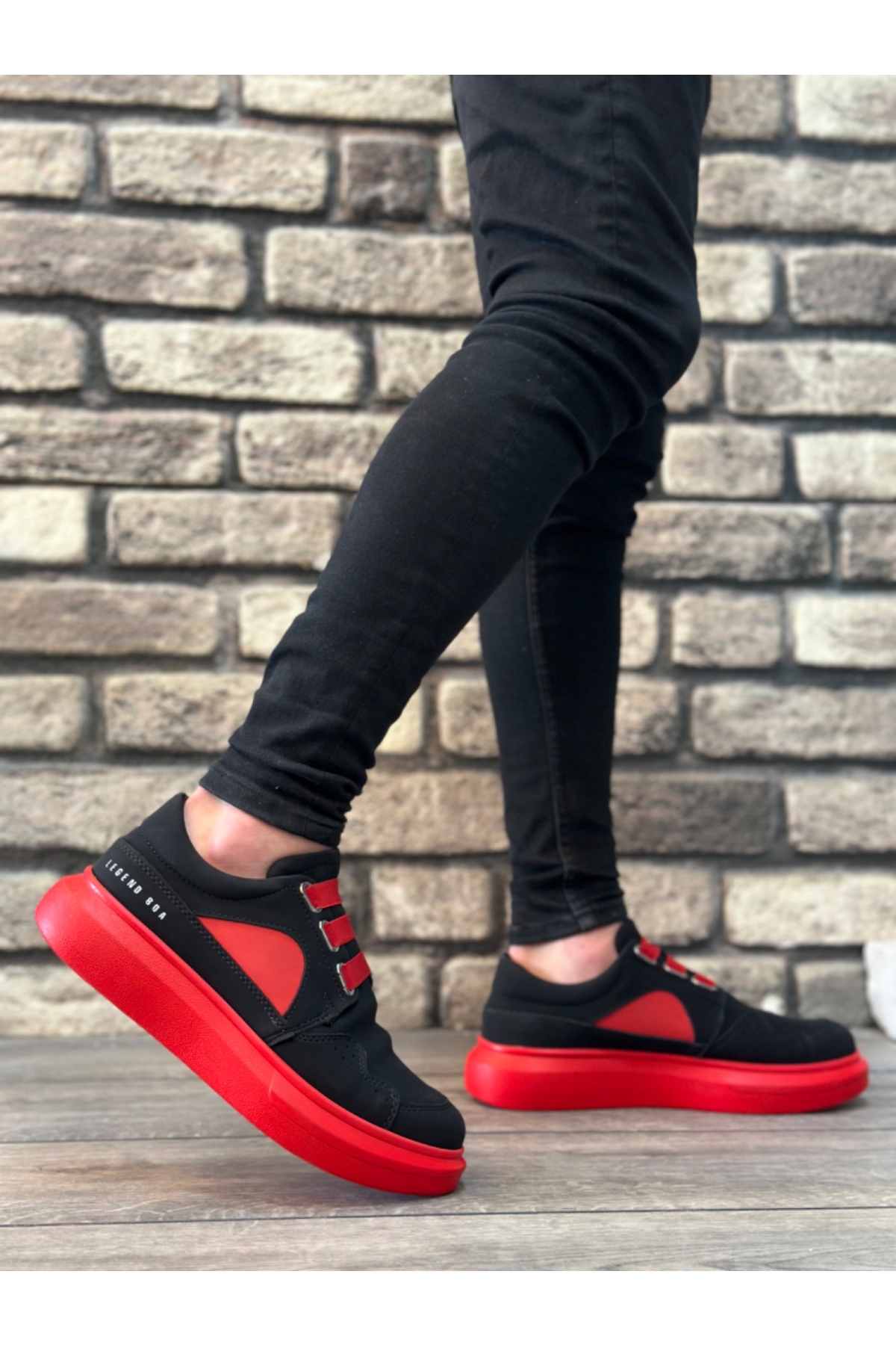 Bağcıksız Lastikli Casual Erkek Ayakkabı SİYAH KIRMIZI (KIRMIZI TABAN) - Görsel 3