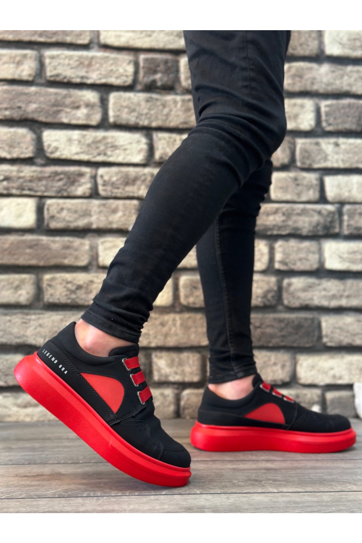 Bağcıksız Lastikli Casual Erkek Ayakkabı SİYAH KIRMIZI (KIRMIZI TABAN) - Görsel 4