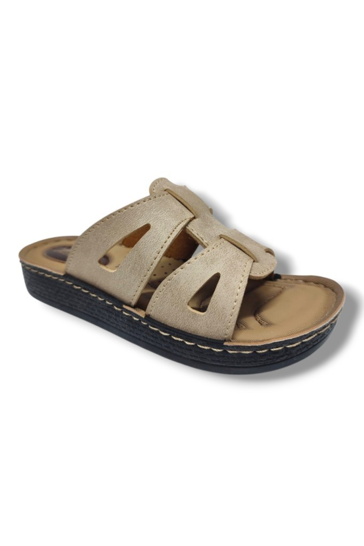 L301-25 Deri Anatomik Çift Kemer Bant Kadın Terlik - Görsel 2