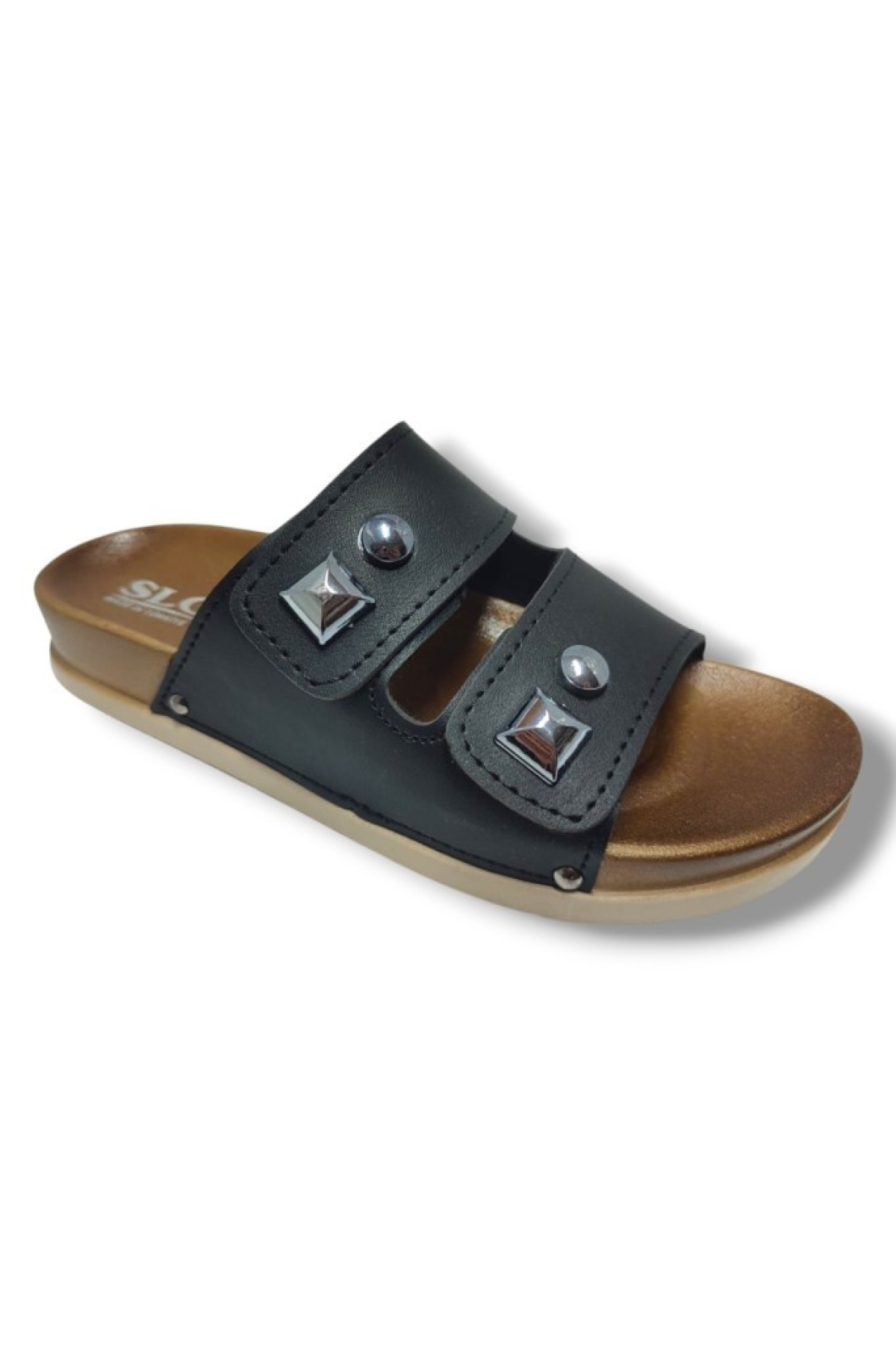 8104-25 Deri Çift Bant Tokalı Kadın Terlik - Görsel 2