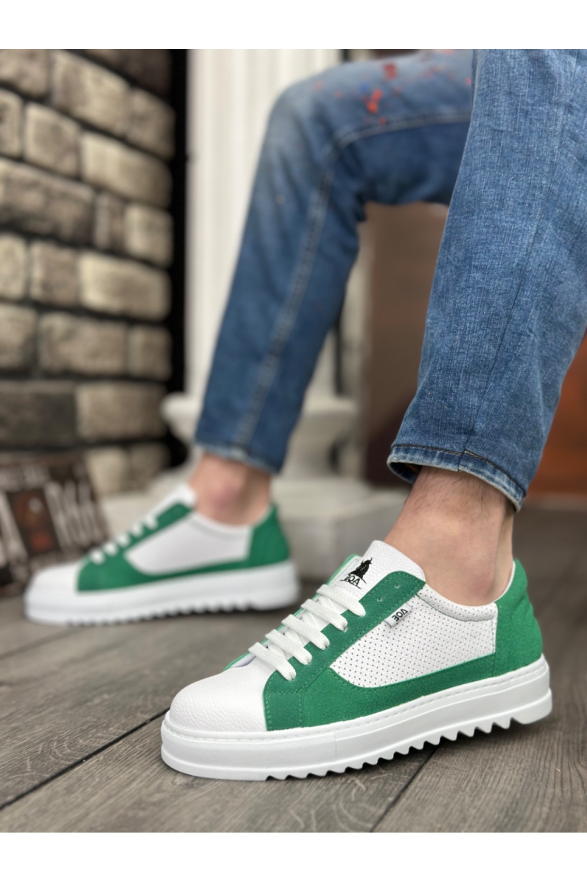 Bağcıklı Erkek Spor Ayakkabı BEYAZ YEŞİL (BEYAZ TABAN) - Görsel 3