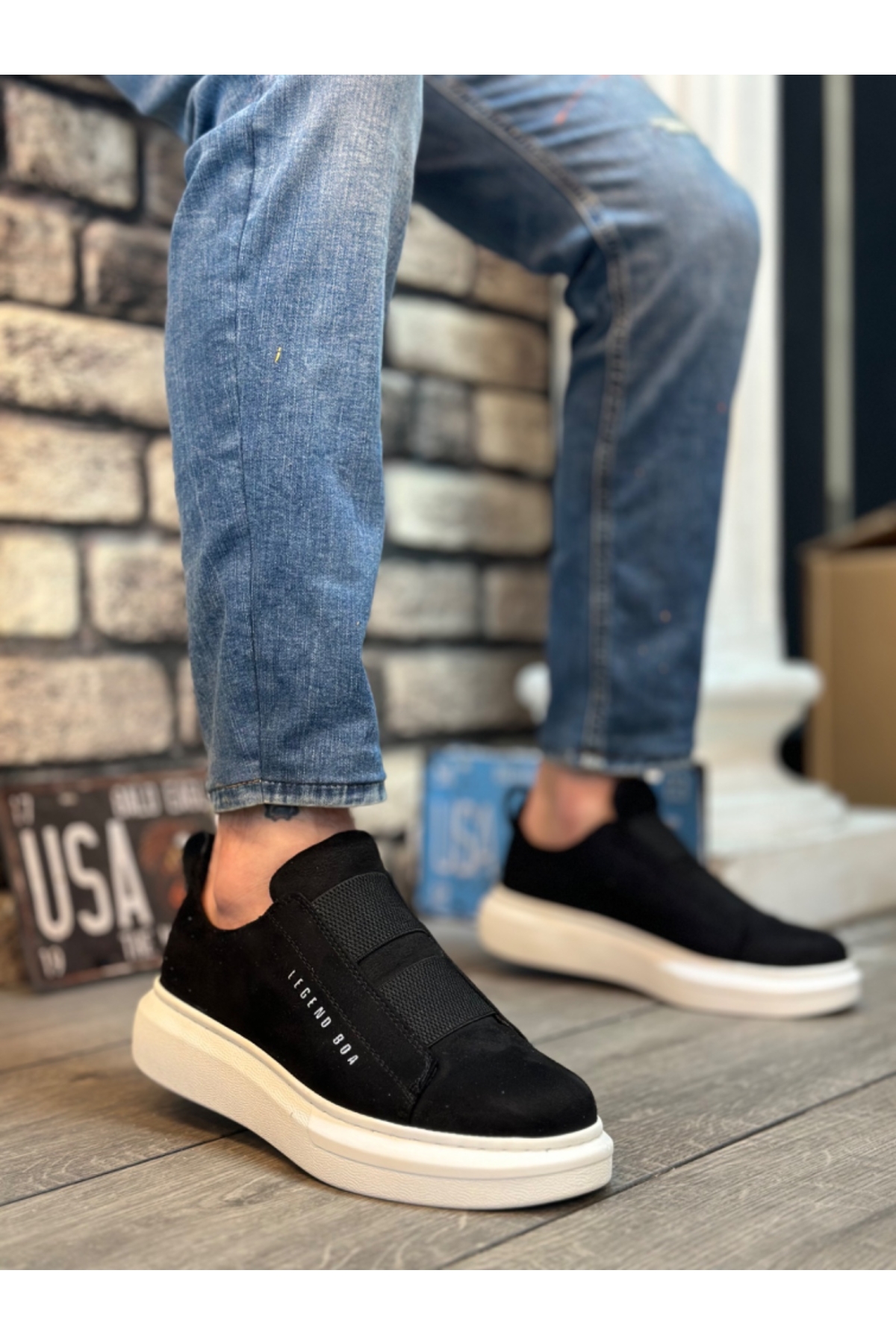 Bağcıksız Çift Bant Erkek Ayakkabı SİYAH (BEYAZ TABAN) - Görsel 2