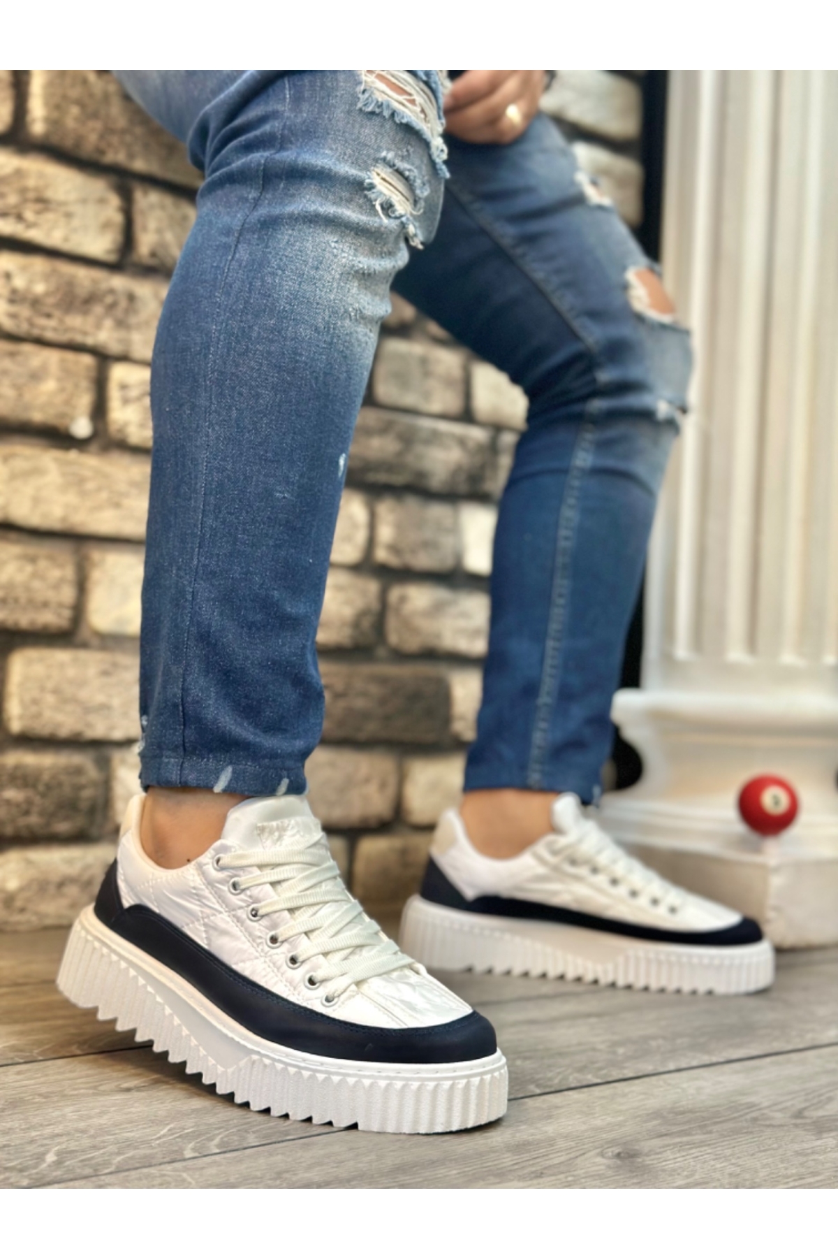 Bağcıklı Paraşüt Kumaş Erkek Spor Ayakkabı BEYAZ LACİVERT (BEYAZ TABAN) - Görsel 2