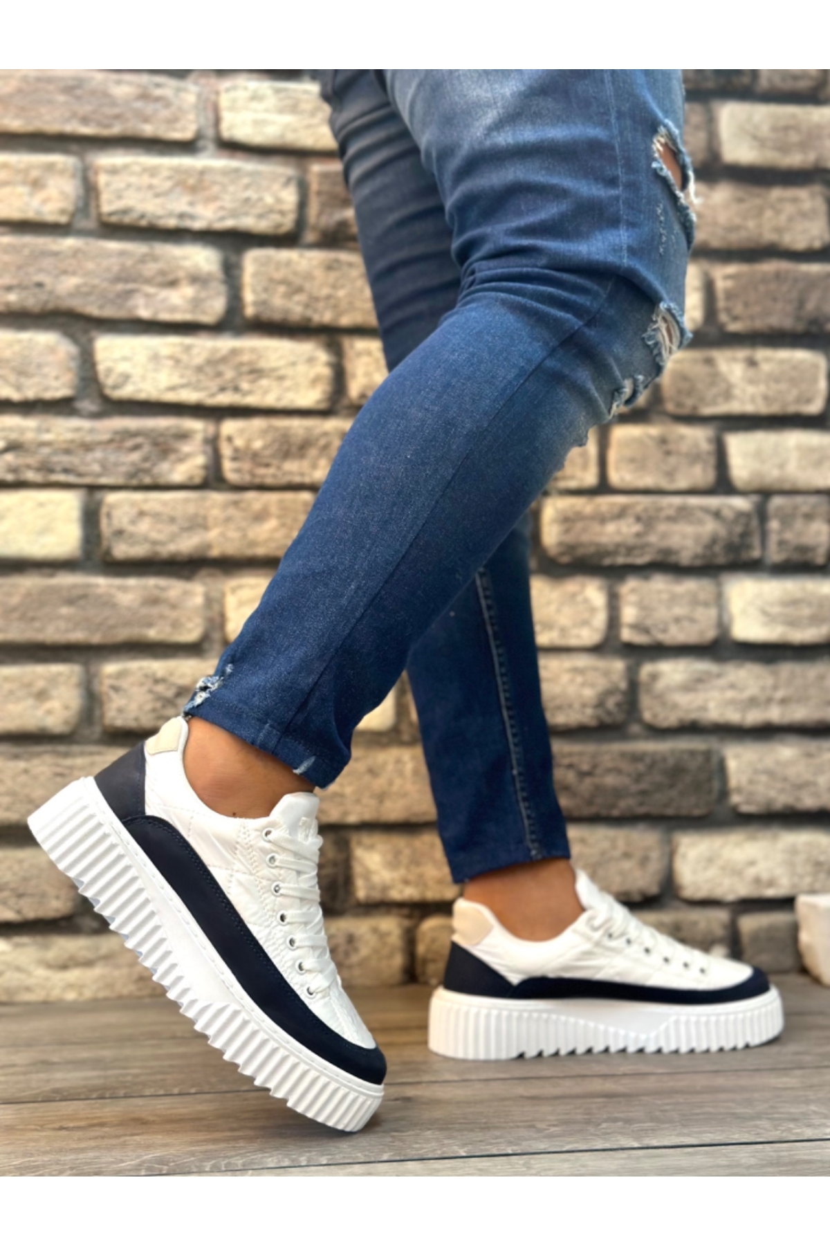 Bağcıklı Paraşüt Kumaş Erkek Spor Ayakkabı BEYAZ LACİVERT (BEYAZ TABAN) - Görsel 3