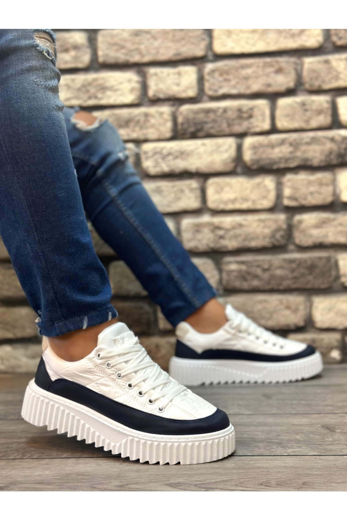 Bağcıklı Paraşüt Kumaş Erkek Spor Ayakkabı BEYAZ LACİVERT (BEYAZ TABAN) - Görsel 4