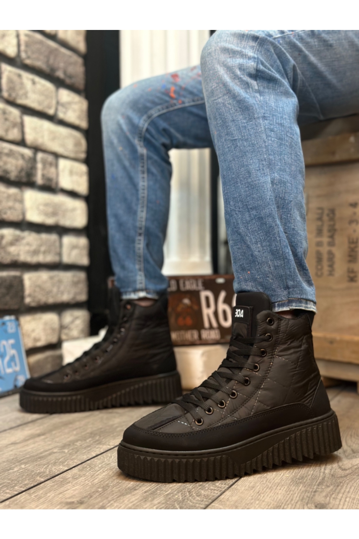 Bağcıklı Paraşüt Kumaş Siyah Detaylı Erkek Spor Bot SİYAH (SİYAH TABAN) - Görsel 3