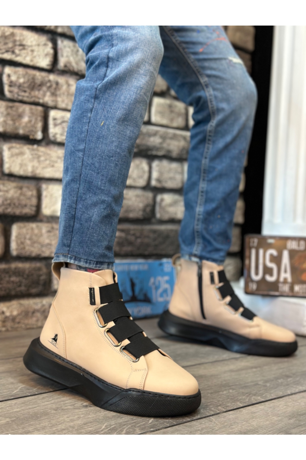 Bantlı Fermuarlı Erkek Spor Bot KREM (SİYAH TABAN) - Görsel 2