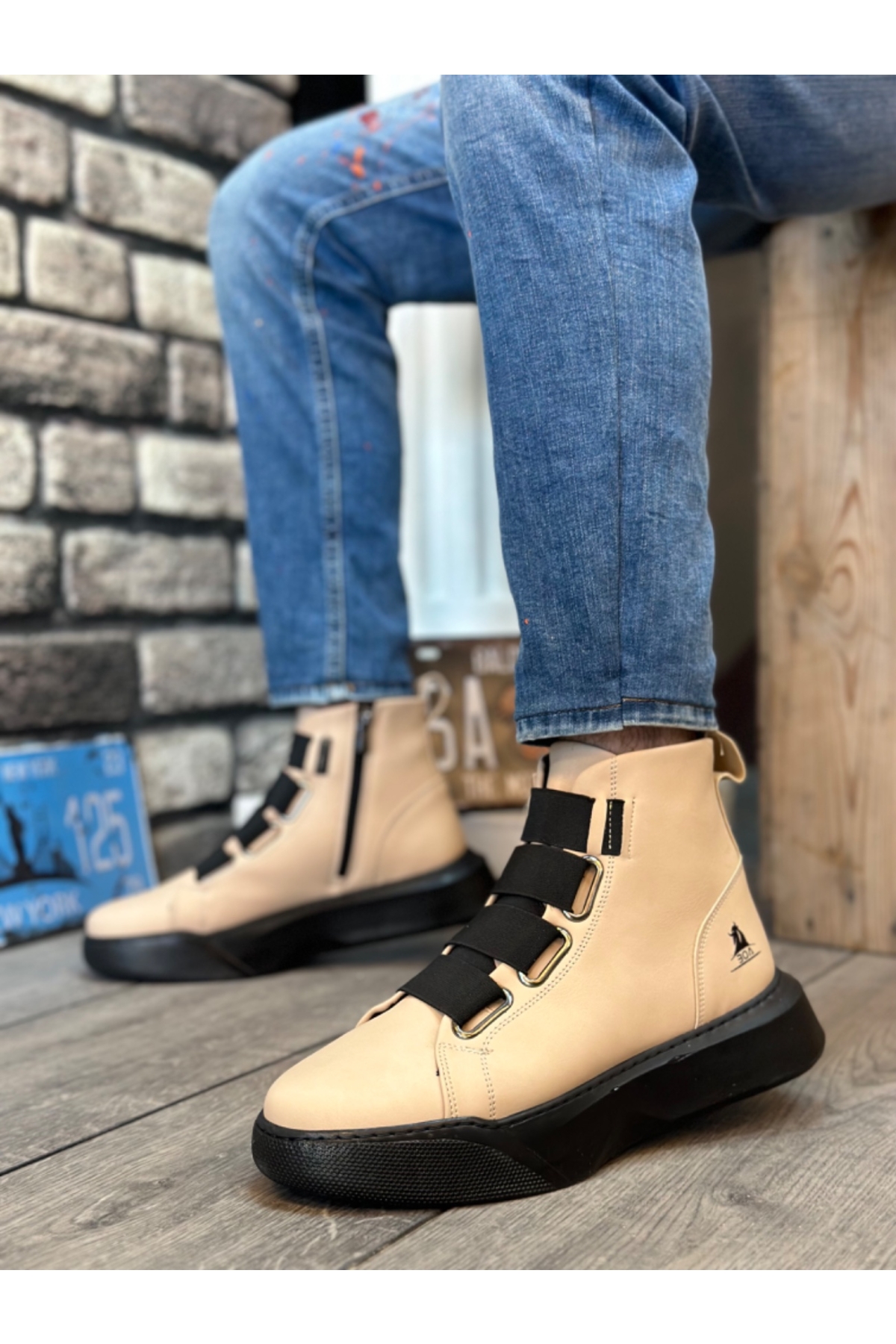 Bantlı Fermuarlı Erkek Spor Bot KREM (SİYAH TABAN) - Görsel 3
