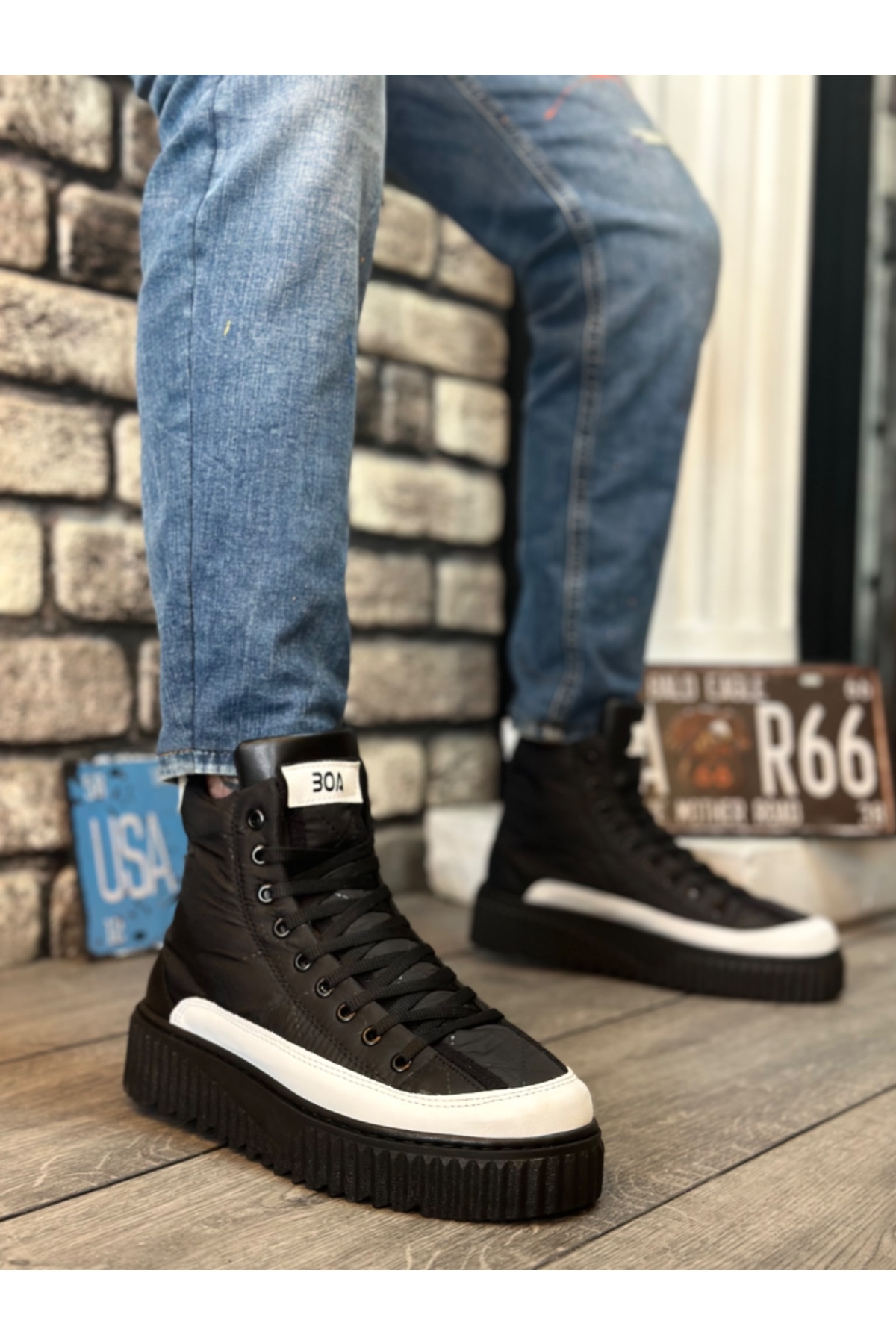 Bağcıklı Paraşüt Kumaş Beyaz Detaylı Erkek Spor Bot SİYAH (SİYAH TABAN) - Görsel 2