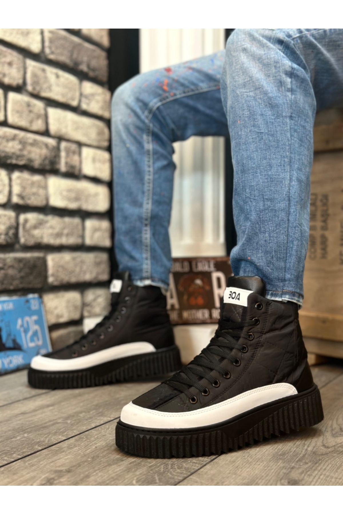 Bağcıklı Paraşüt Kumaş Beyaz Detaylı Erkek Spor Bot SİYAH (SİYAH TABAN) - Görsel 3