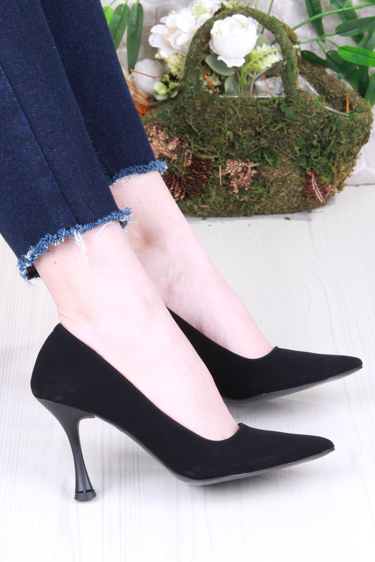 16308 Düz Sade Süet Rahat Şık Stiletto Yüksek Topuklu Kadın Ayakkabı - Görsel 2