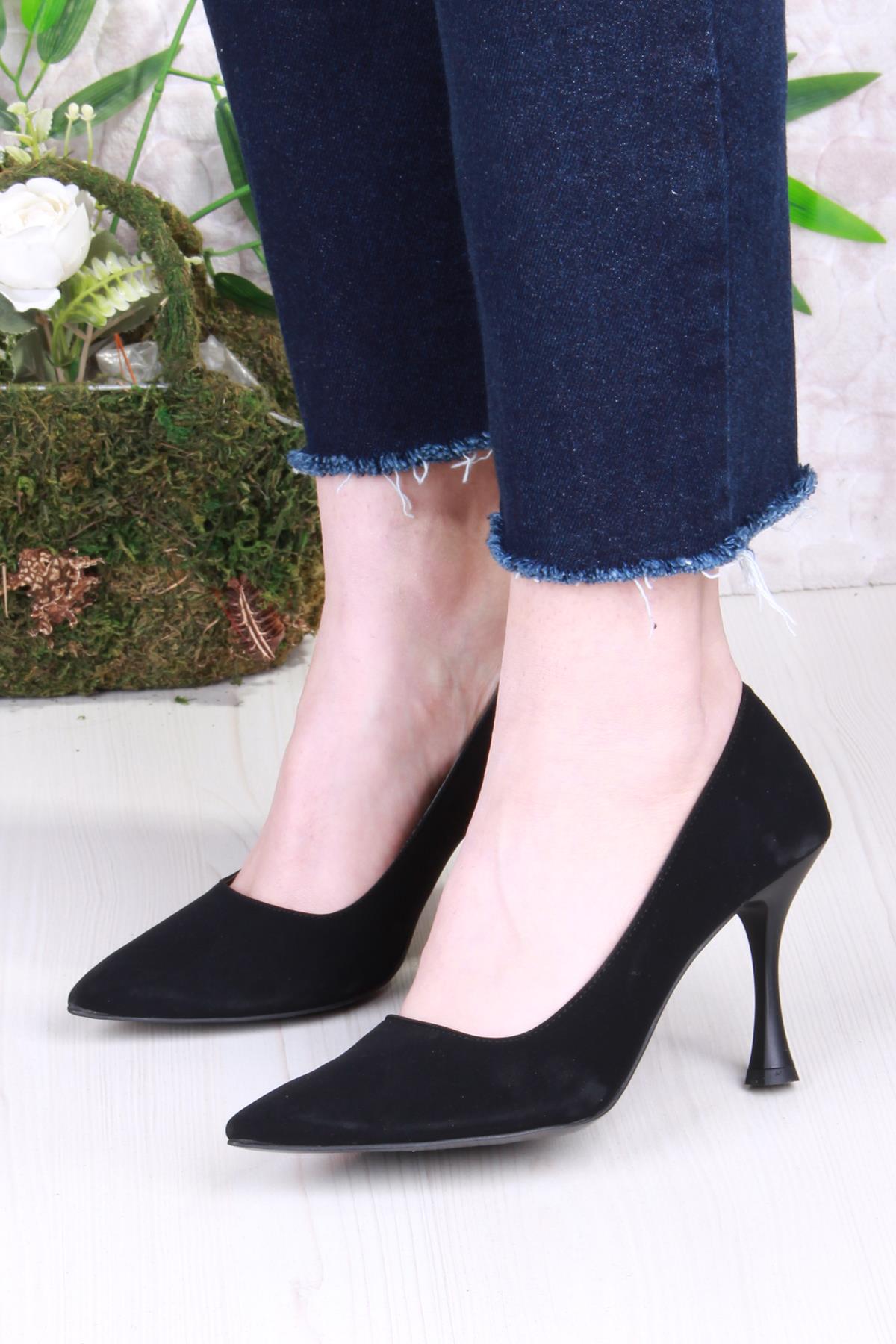 16308 Düz Sade Süet Rahat Şık Stiletto Yüksek Topuklu Kadın Ayakkabı - Görsel 3