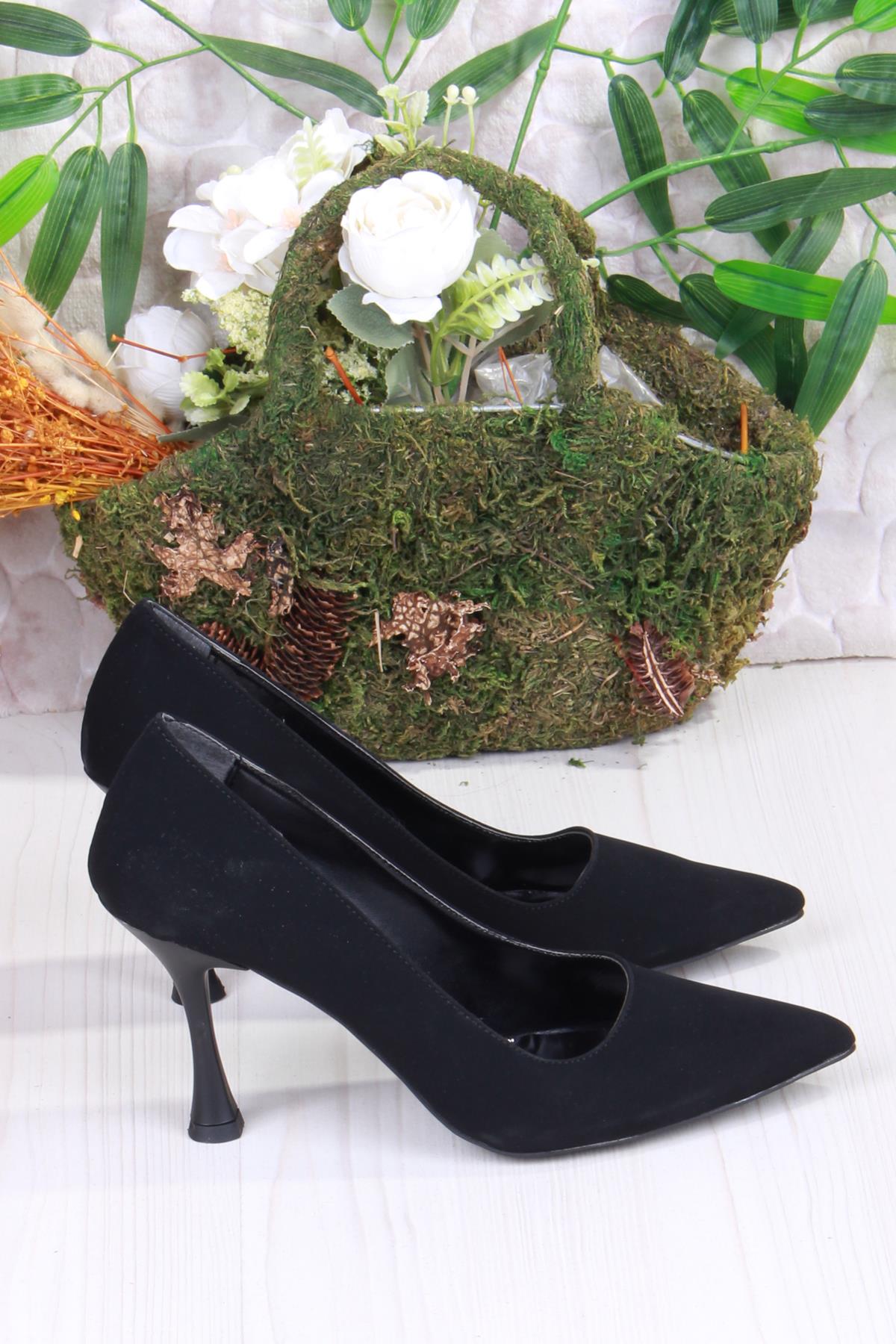 16308 Düz Sade Süet Rahat Şık Stiletto Yüksek Topuklu Kadın Ayakkabı - Görsel 4