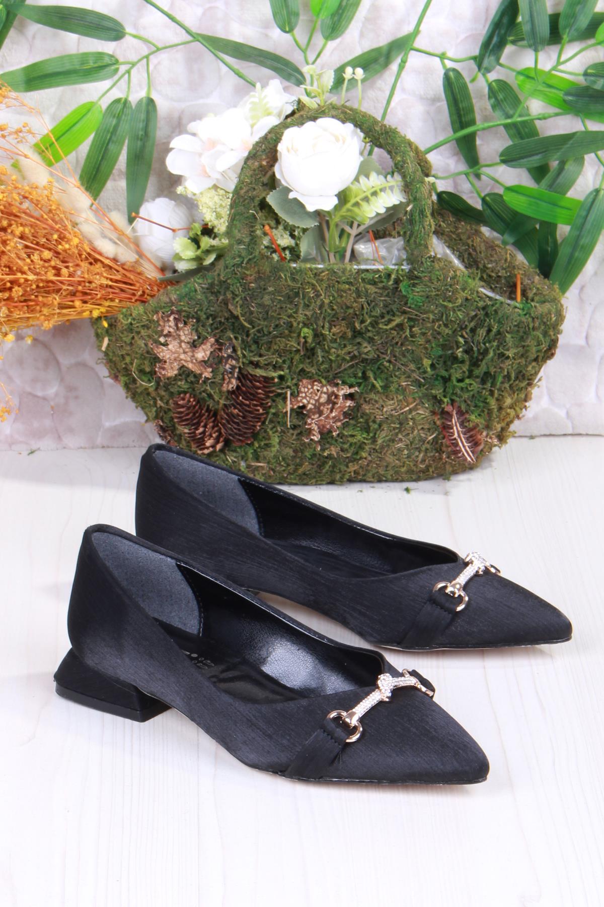 077-608 Fls Saten Taş Toka Detaylı Şık Rahat Sivri Burun Kadın Babet - Görsel 4