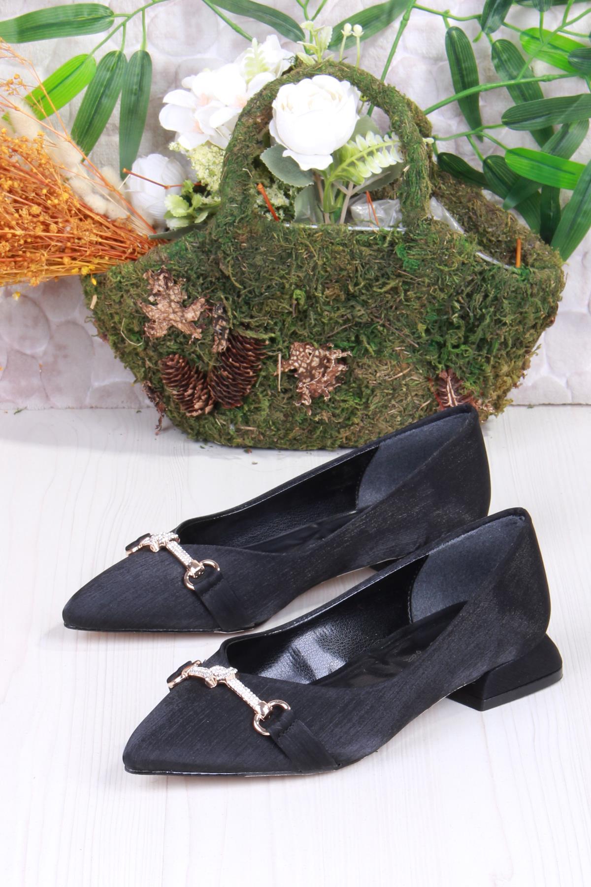 077-608 Fls Saten Taş Toka Detaylı Şık Rahat Sivri Burun Kadın Babet - Görsel 5