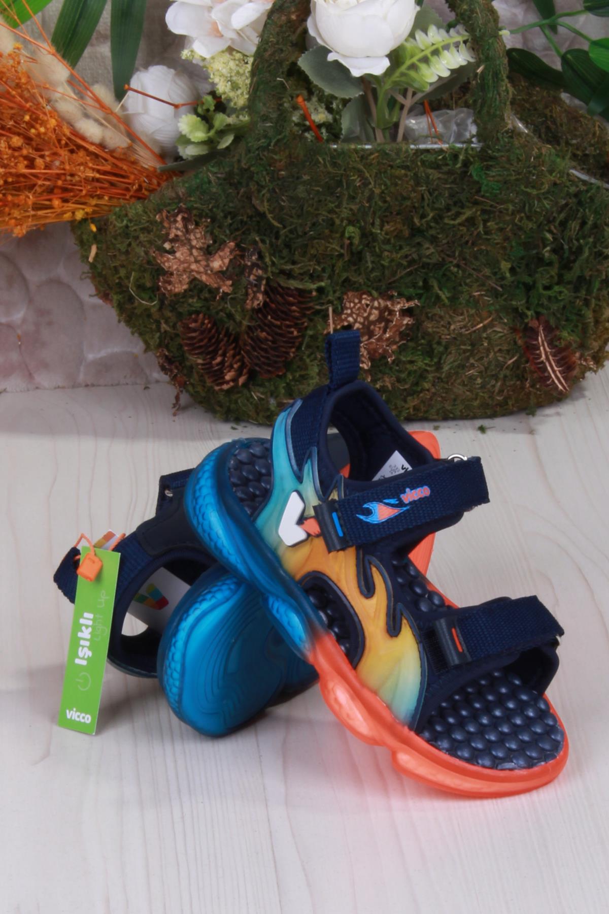 332.B25Y.256 Jack Lacivert Rahat Esnek Işıklı Erkek Çocuk Sandalet - Görsel 3