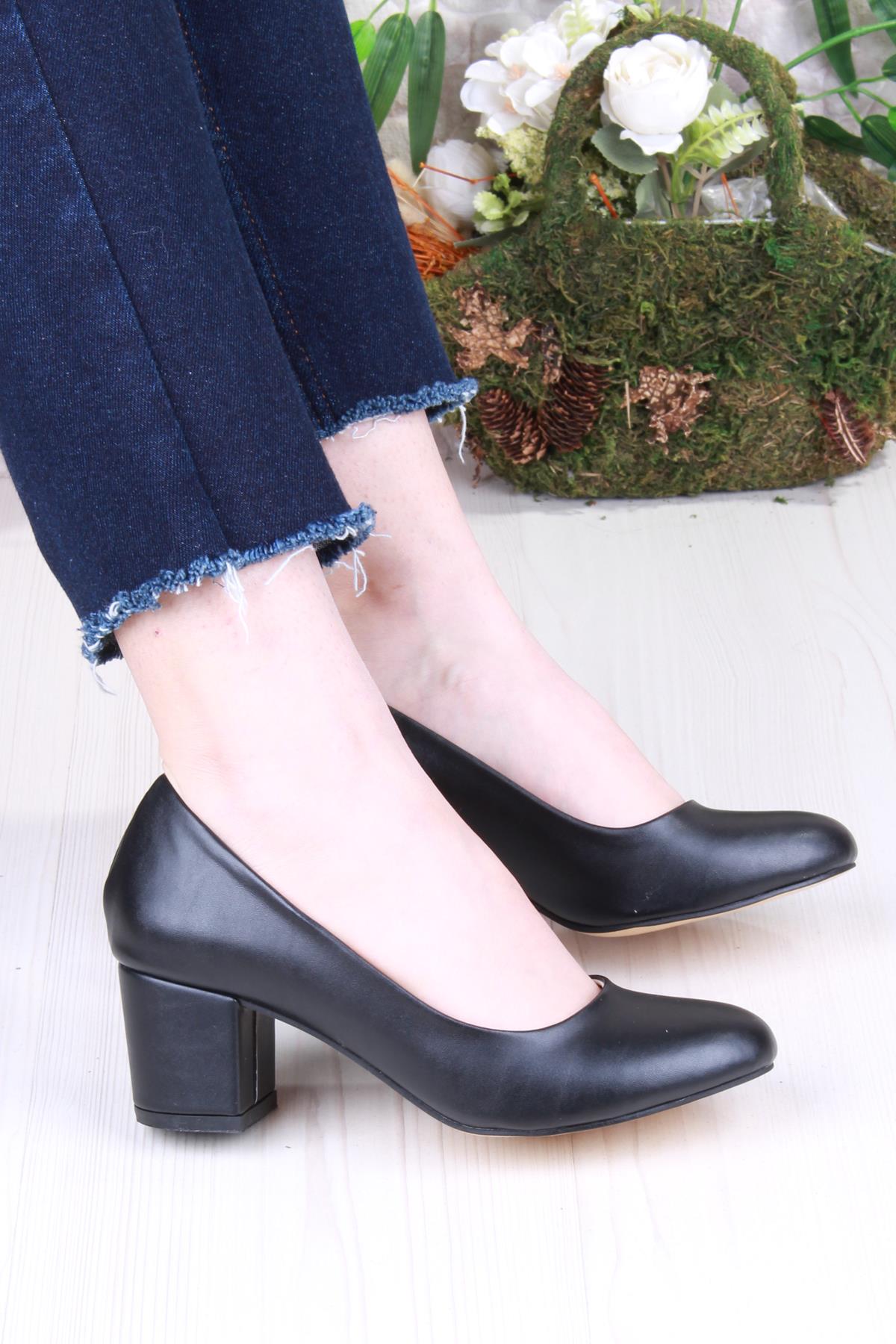 35809 Düz Sade Rahat Şık Yuvarlak Burun Kalın Topuklu Kadın Ayakkabı - Görsel 2