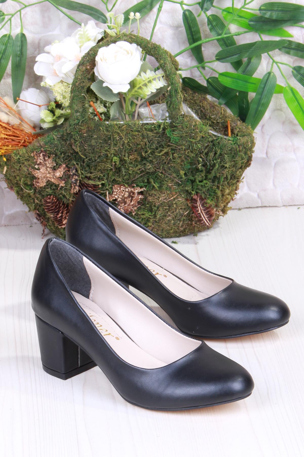 35809 Düz Sade Rahat Şık Yuvarlak Burun Kalın Topuklu Kadın Ayakkabı - Görsel 4