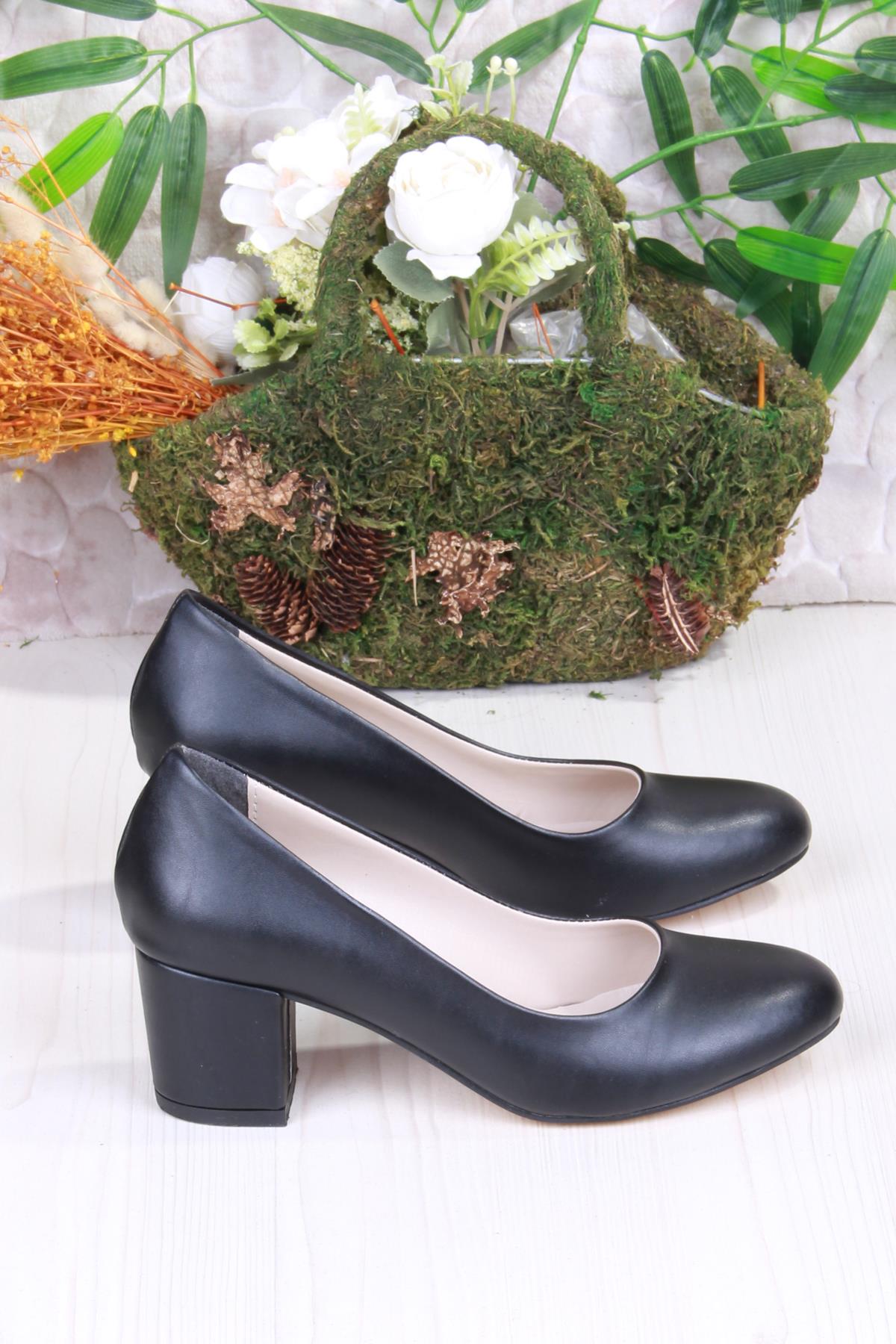 35809 Düz Sade Rahat Şık Yuvarlak Burun Kalın Topuklu Kadın Ayakkabı - Görsel 5