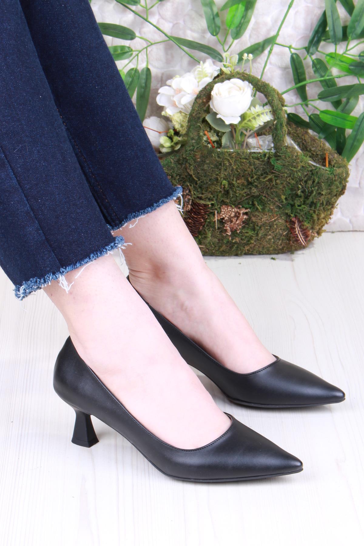 16309 Düz Sade Cilt Rahat Şık Stiletto Alçak Topuklu Kadın Ayakkabı - Görsel 2