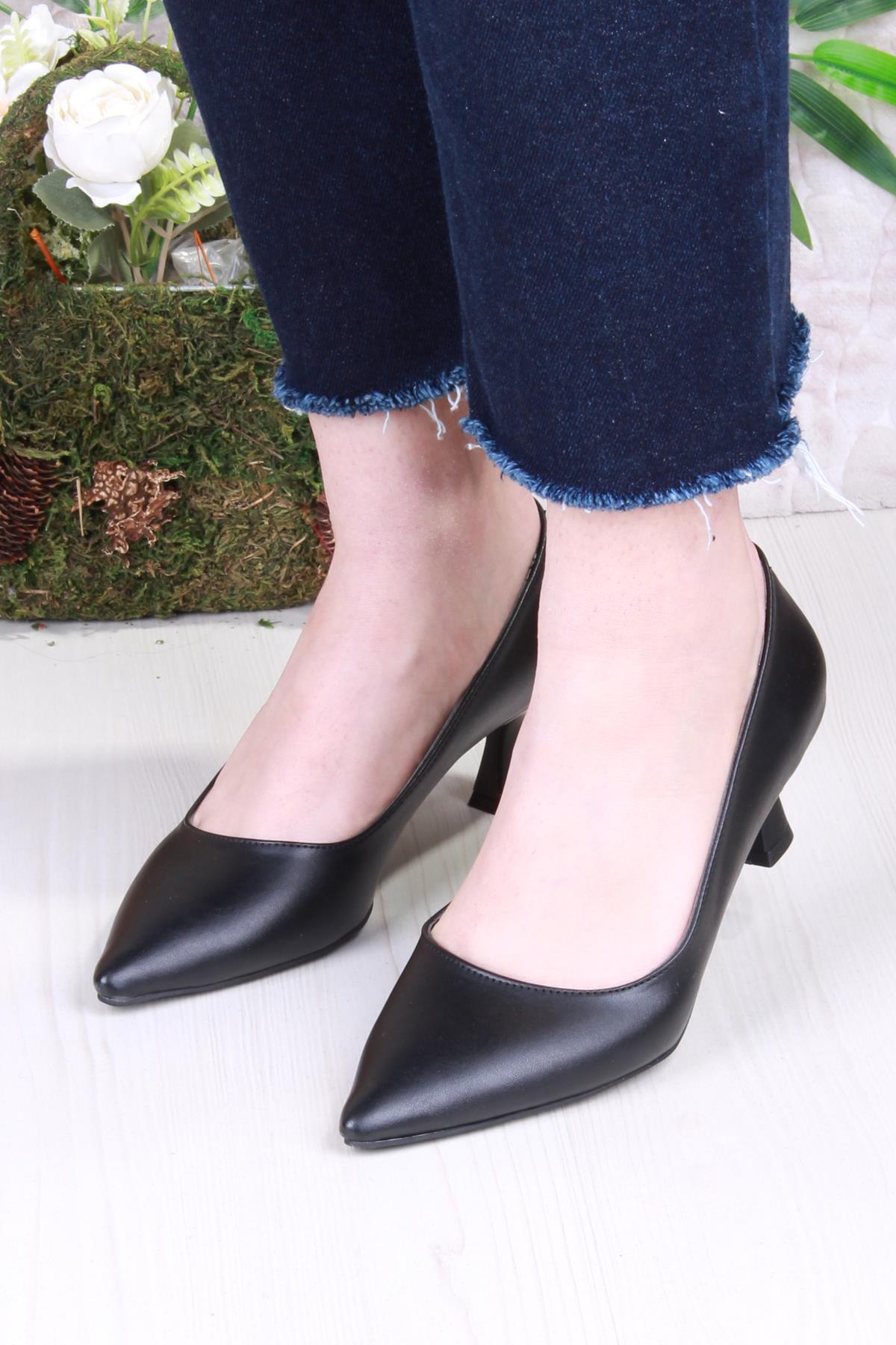 16309 Düz Sade Cilt Rahat Şık Stiletto Alçak Topuklu Kadın Ayakkabı - Görsel 3