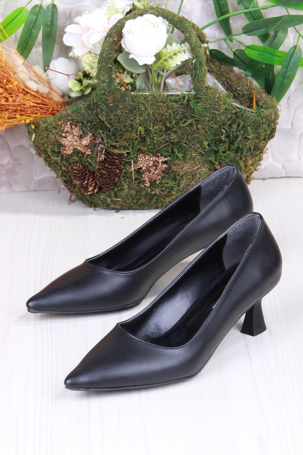 16309 Düz Sade Cilt Rahat Şık Stiletto Alçak Topuklu Kadın Ayakkabı - Görsel 5