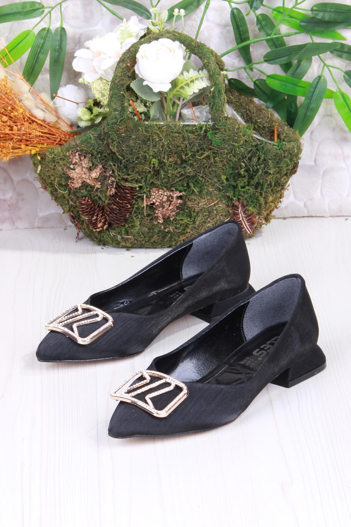 077-609 Fls Saten Taş Toka Detaylı Şık Rahat Sivri Burun Kadın Babet - Görsel 5