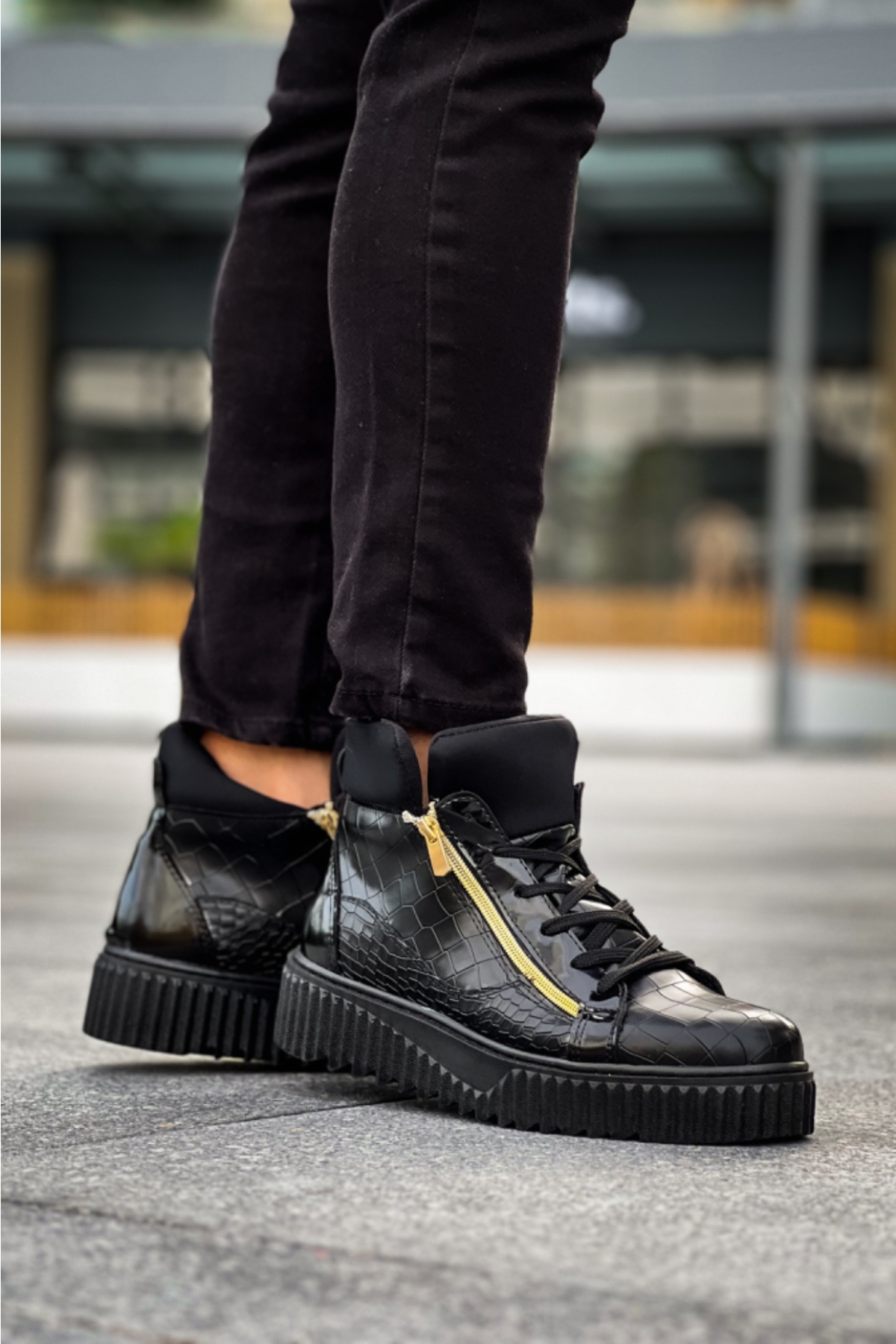 Bağcıklı Çift Fermuarlı Erkek Spor Bot SİYAH (SİYAH TABAN) - Görsel 2
